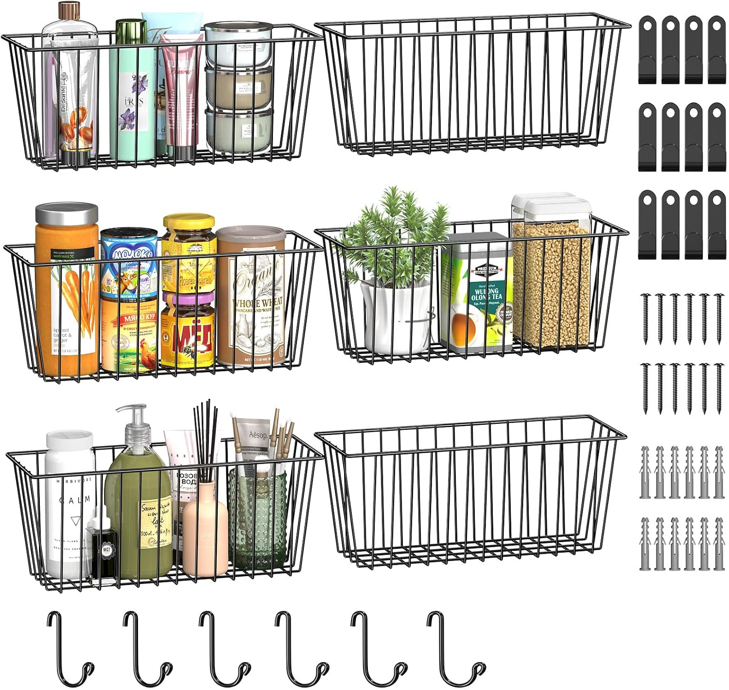 6 Pack Wire Basket Locking Wall Hanging Baskets, Organize Cabinets and Storage Cabinets with Free Hooks for Kitchen, Laundry Room, Garage, Refrigerator and Bathroom.