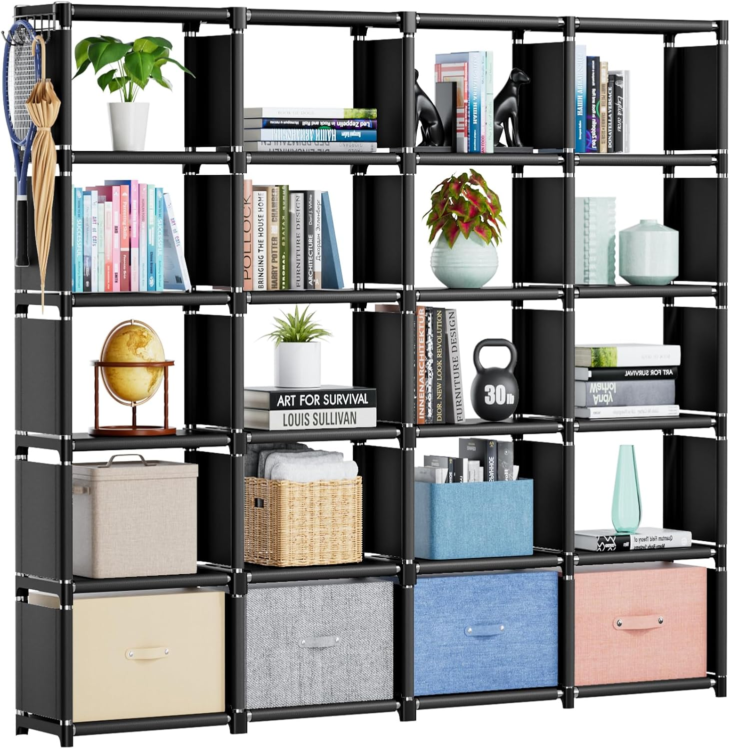 Book Shelf, 20 Cube Storage Organizer, DIY Bookcase, Metal Cube Bookshelf,Tall Book Case for Bedroom, Living Room,Office,Closet Storage Organizer, Black Cubicle Storage Rack