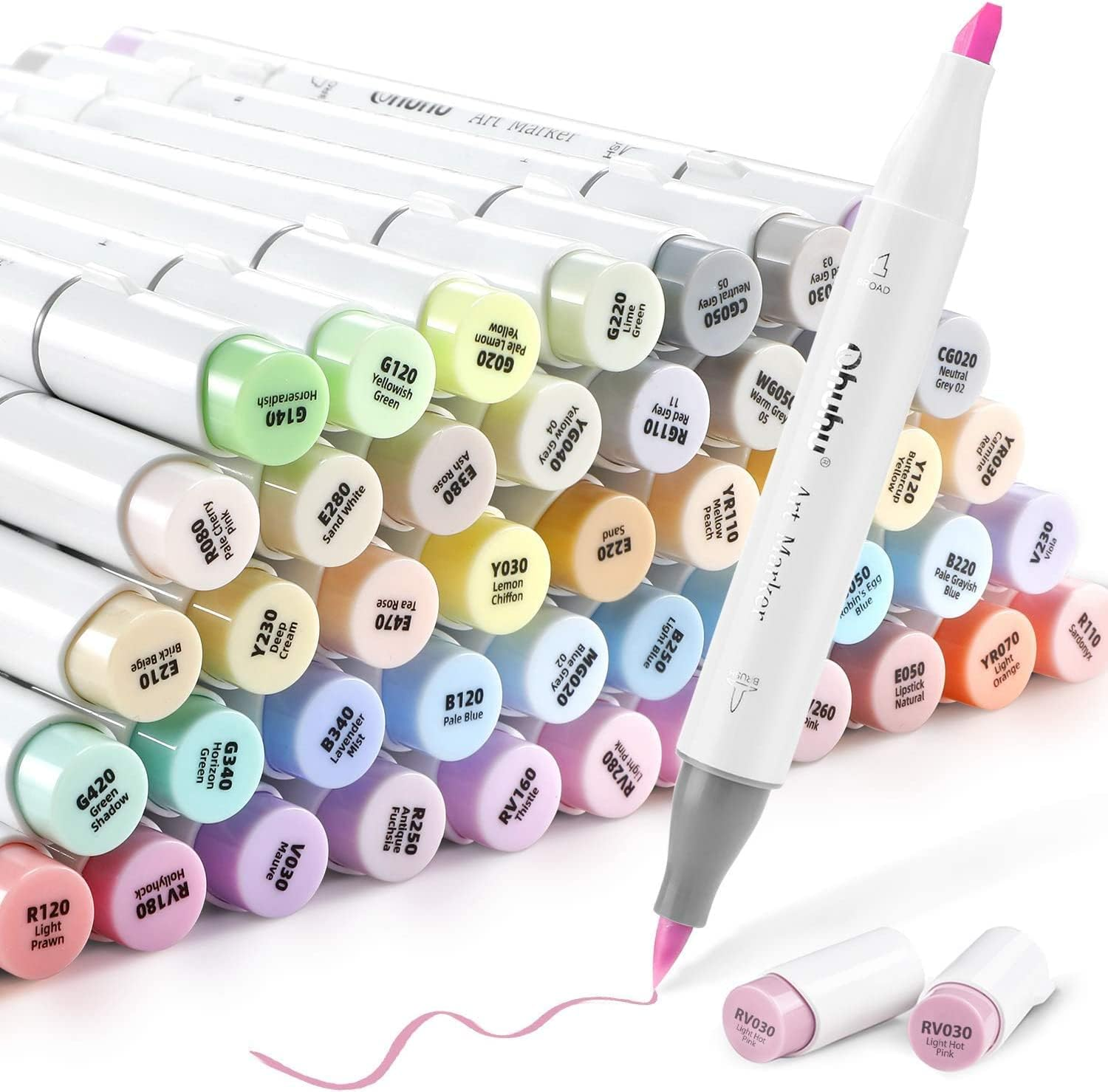 Ohuhu Pastel Markers Brush Tip - 48 Pastel Colors Double Tipped, Marker Set of Honolulu Sweetness for Artist Adults Coloring Sketching Illustration- Brush & Chisel- Alcohol-Based Refillable Ink