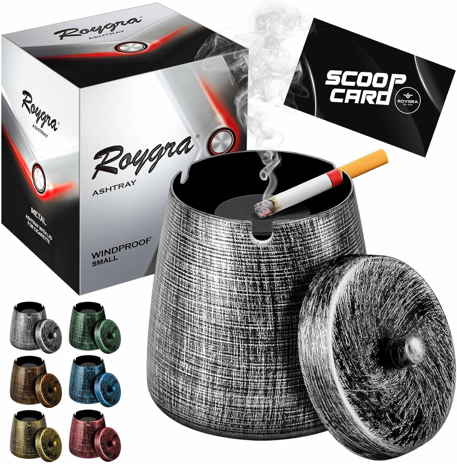 Roygra Outdoor Ashtray for outside Patio, Metal Windproof Smokeless Ashtray with Lid, Home Table Decor, Patio Decorations Outdoor, Ashtrays for Smokers Indoor - Black, Small (3.81 X 3.08 X 3.08’’)