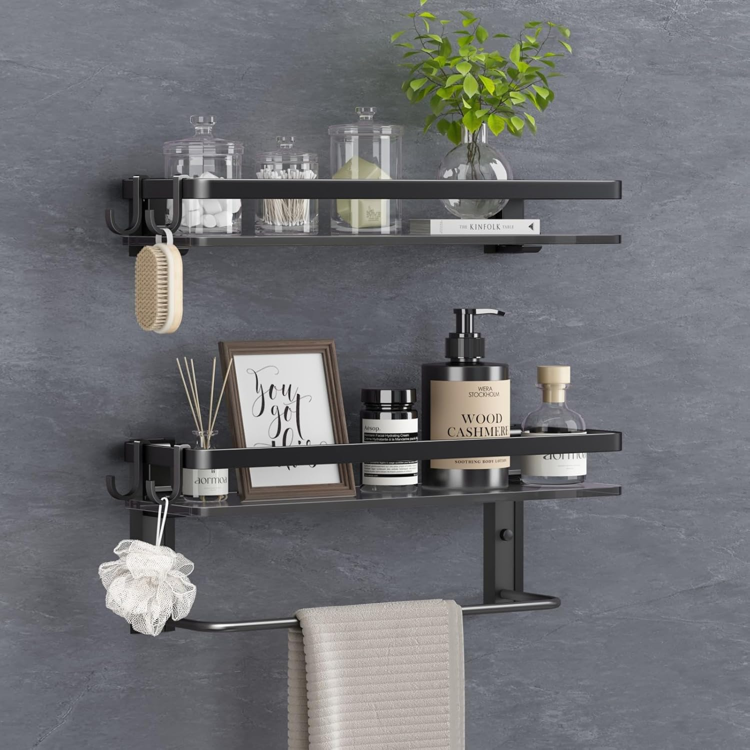 VOLPONE Glass Shelf for Bathroom 15.7 in Black Bathroom Shelves Wall Mounted Tempered Glass Shelving with 4 Removable Hooks (2 Tier)