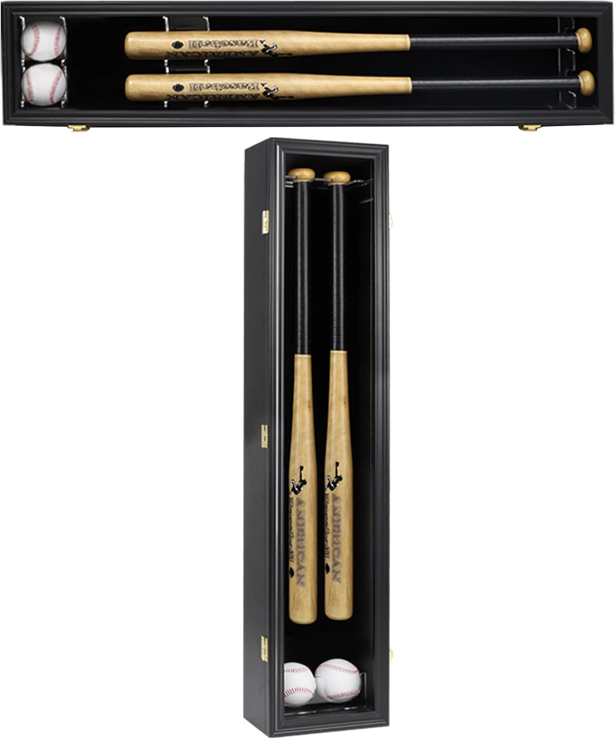 2 Baseball Bat Display Case Wooden Frame with Acrylic Transparent Door Holder Rack Cabinet Wall Mounted Shadow Box Vertical or Horizontal, W/98% UV Protection-Lock