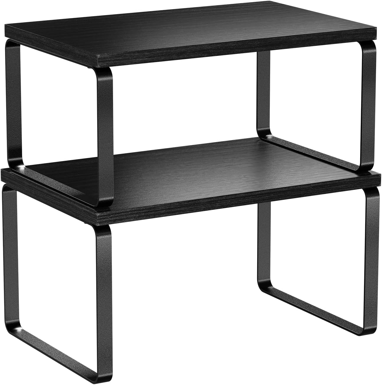 Cabinet Organizer Shelf, Set of 2 Stackable Kitchen Counter Shelves, Expandable Spice Rack Kitchen Storage Riser, Metal Engineered Wood, Black