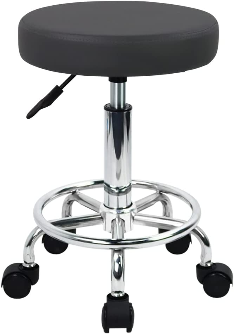 round Rolling Stool with Footrest PU Leather Height Adjustable 360° Swivel Stool with Wheels Office Stool Chair Home Drafting Work Studio Shop SPA Salon Small (Grey)