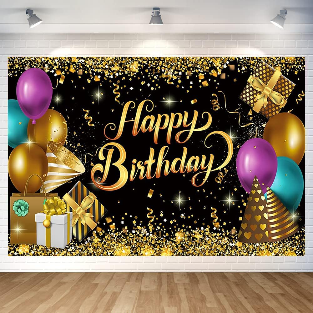 Black and Gold Birthday Party Backdrop Glitter Black Gold Balloon Happy Birthday Banner Luxurious Photography Background for Home Decorations Party Supplies 70.8 X 47.2 Inch