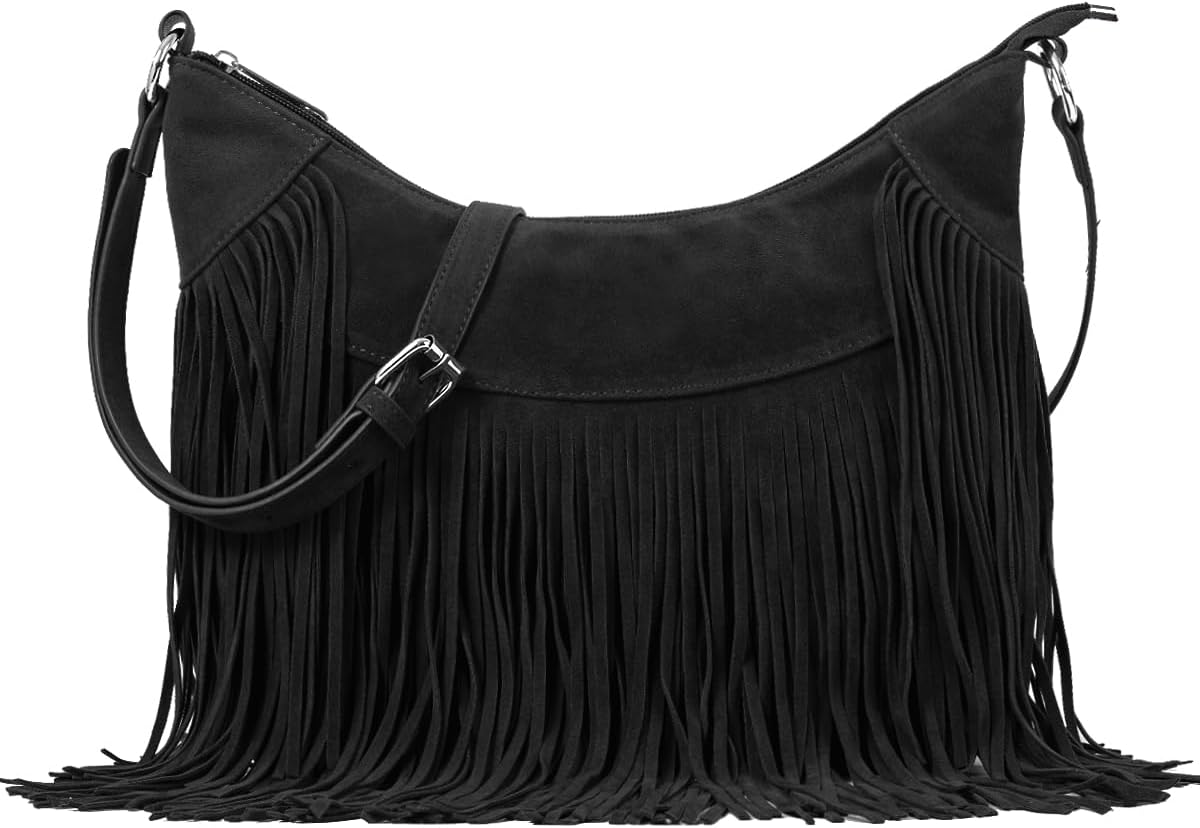 Women Fringe Hobo Bag Western Purse Shoulder Bag Vegan Suede Tassel Hippie Black