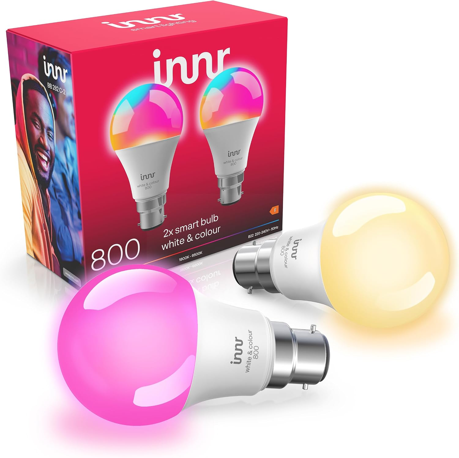 Innr Zigbee Smart Bulb, Works with Hue* and Alexa (Bridge Required), White & Colour, 16 Million Colours, B22 LED Bayonet Bulb, Dimmable, 880 Lumen, 2-Pack