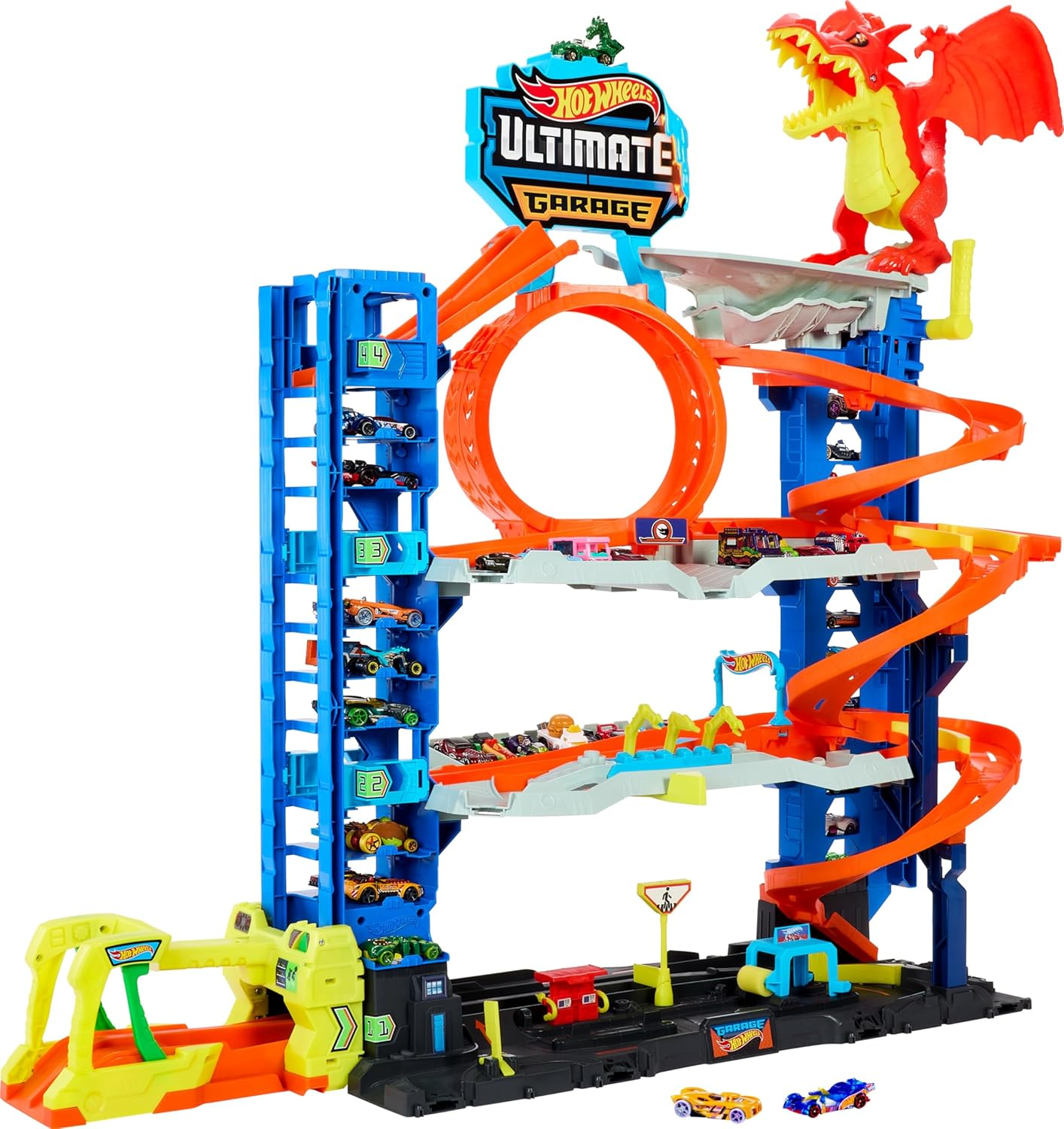 City Ultimate Garage Track Set with 2 Die-Cast Toy Cars & Car-Eating Dragon, Stores 50+ Vehicles, 4 Levels