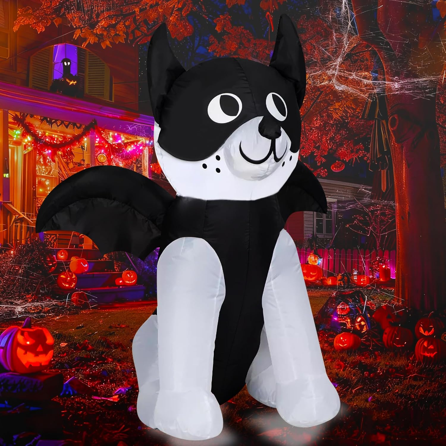 4 FT Halloween Inflatable Dog French Bulldog with Bat Wings Decoration Blow up Built-In LED for Holiday Lawn Yard Garden Home Indoor Outdoor Decor