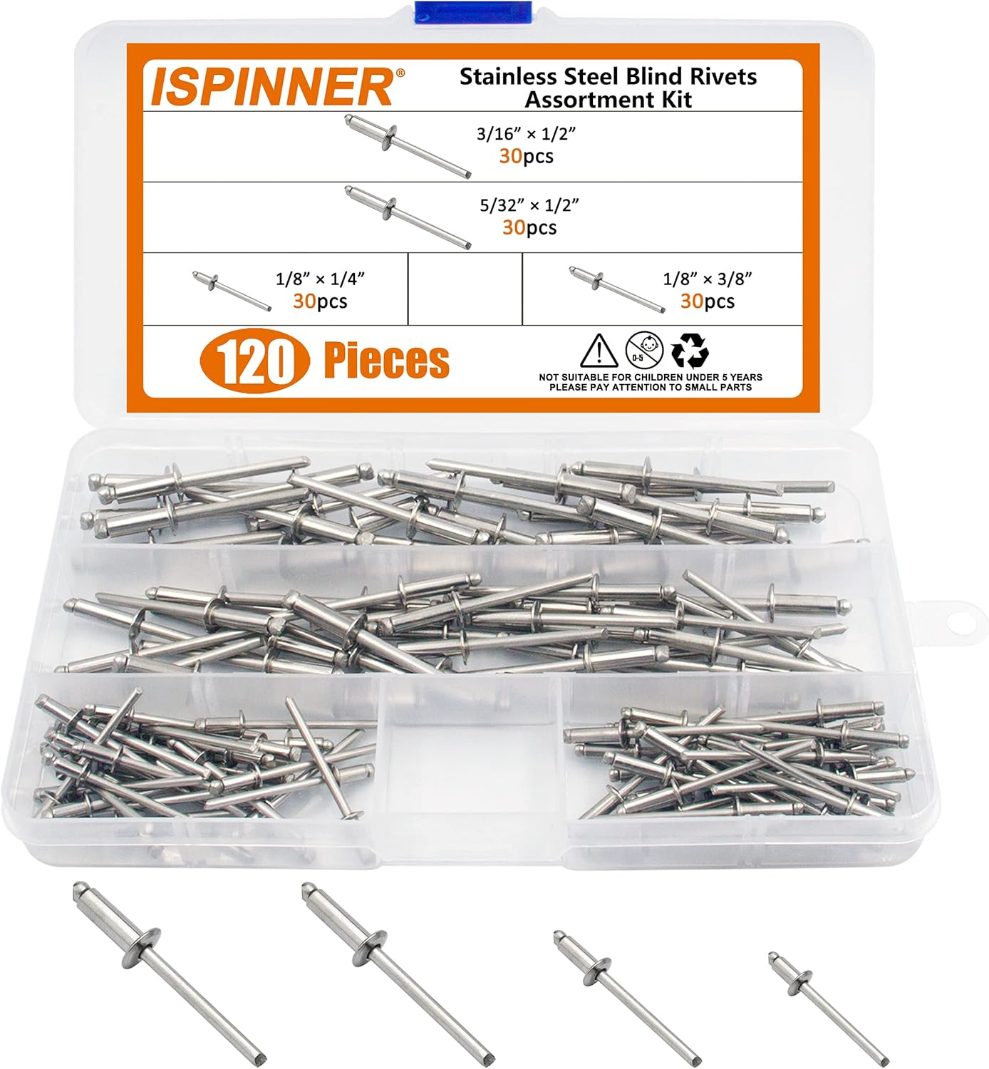 120Pcs 304 Stainless Steel Blind Rivets, Pop Rivets Assortment Kit