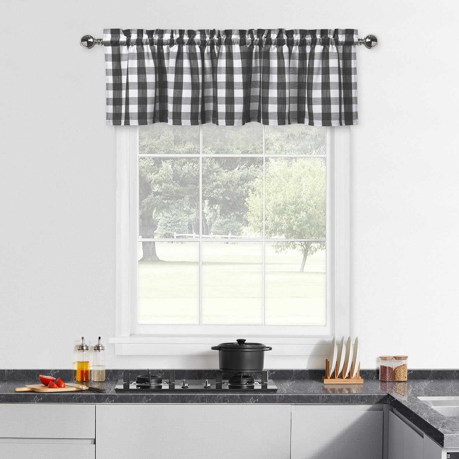 Black and White Buffalo Plaid Checkerd Café Valances Curains for Kitchen, Gingham Thick Rod Pocket Farmhouse Window Treatment Valance Curtains for Window Bathroom, 55 X 15 Inch