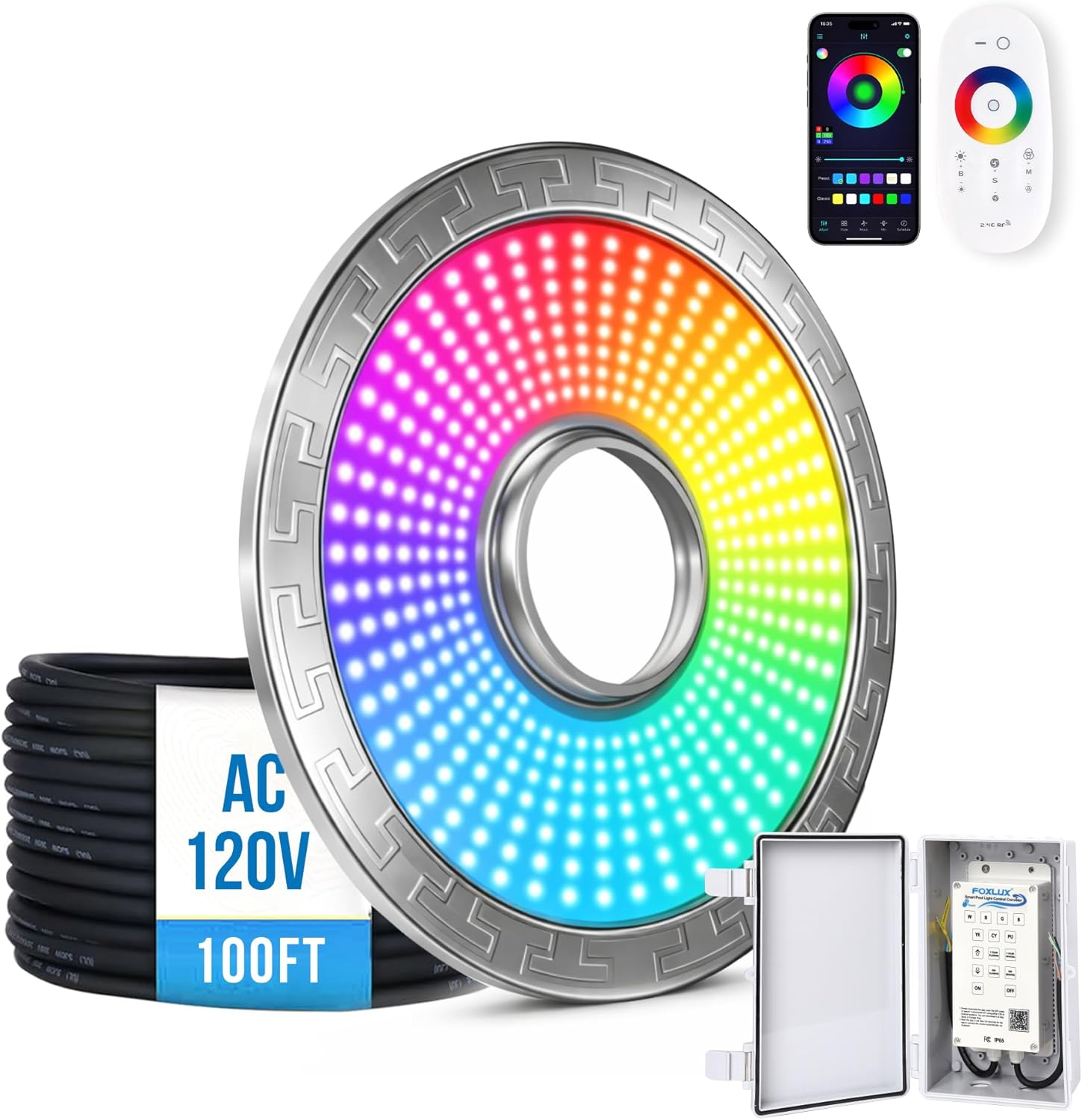 Pond Fountain Aerator Lights, RGB LED Color-Changing Aerator Floating Fountain Light, AC 120V, 100Ft Cable with Controller, APP & Remote Control, Compatible with Most Pond Aerators (Pump Not Included)