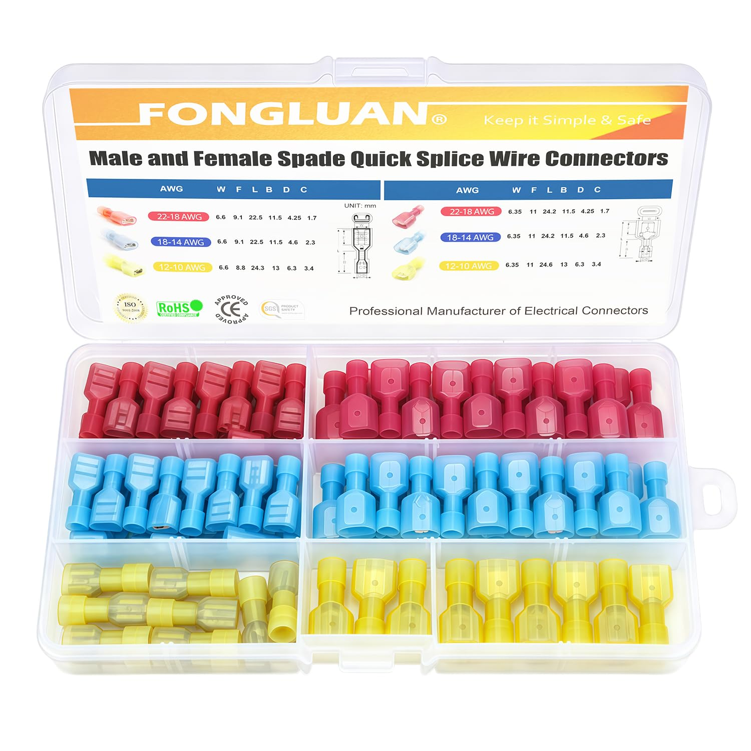 120Pcs Male and Female Spade Connectors 24-10 Gauge Nylon Fully Insulated Wire Quick Disconnect Electrical Crimp Terminals Connector Assortment Set