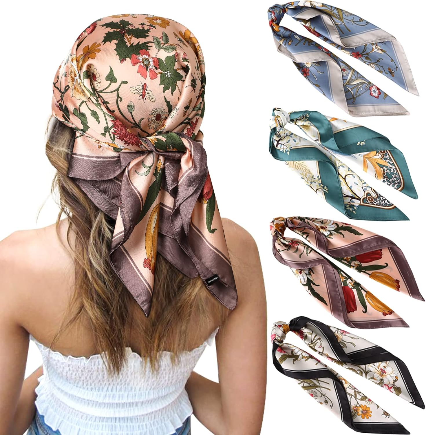 27 Inches Silk Feeling Square Head Scarf - 4 Pcs Satin Square Head Scarves for Women Hair Bandanas