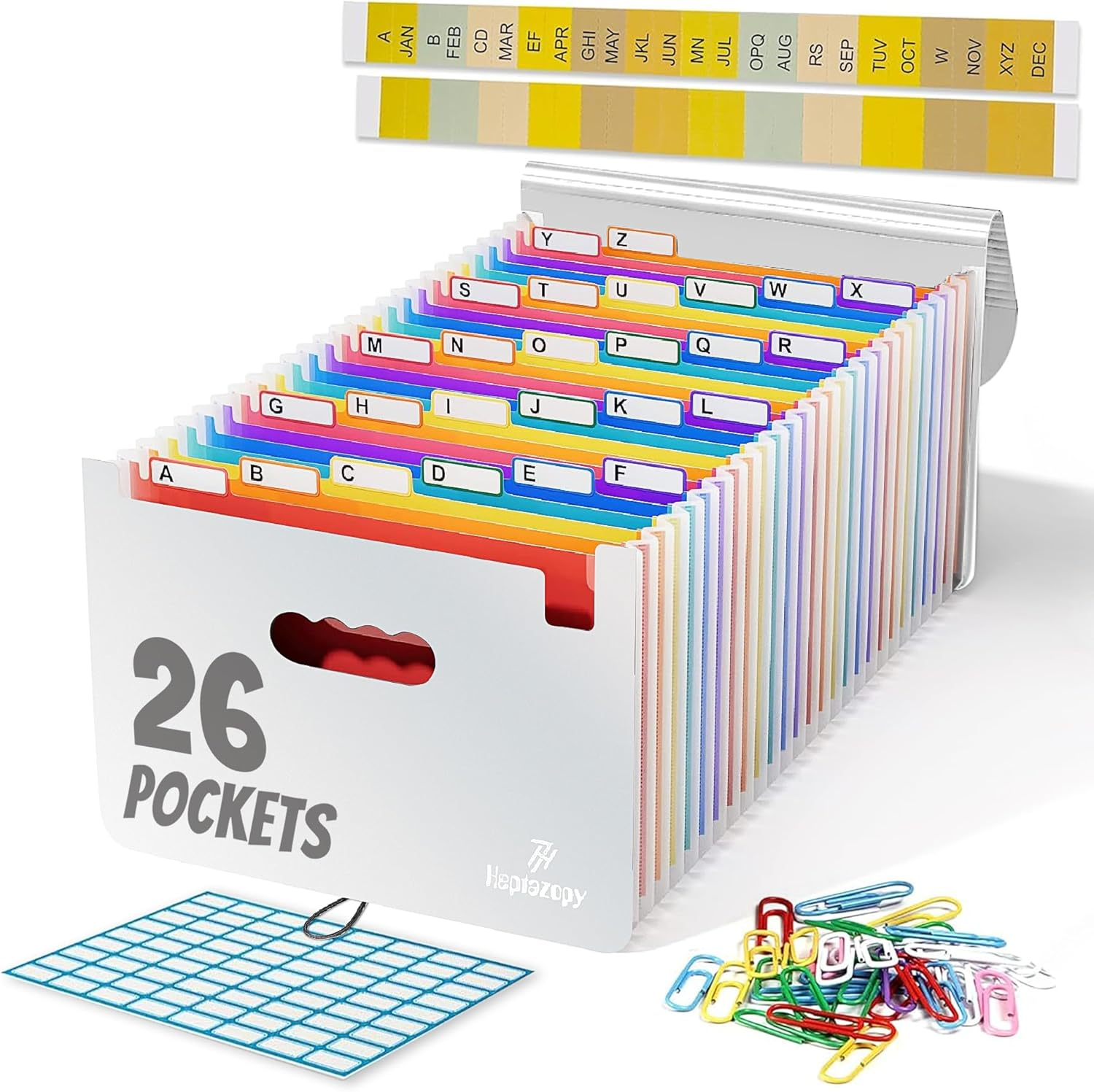 Plastic Accordion File Organizer, 26 Pockets Expandable File Folder Organizer, A4 Letter Size Filing Organizer with Colorful Tabs, Elastic Cord, 60 Paper Clip, Label & Stickers for Office School Home
