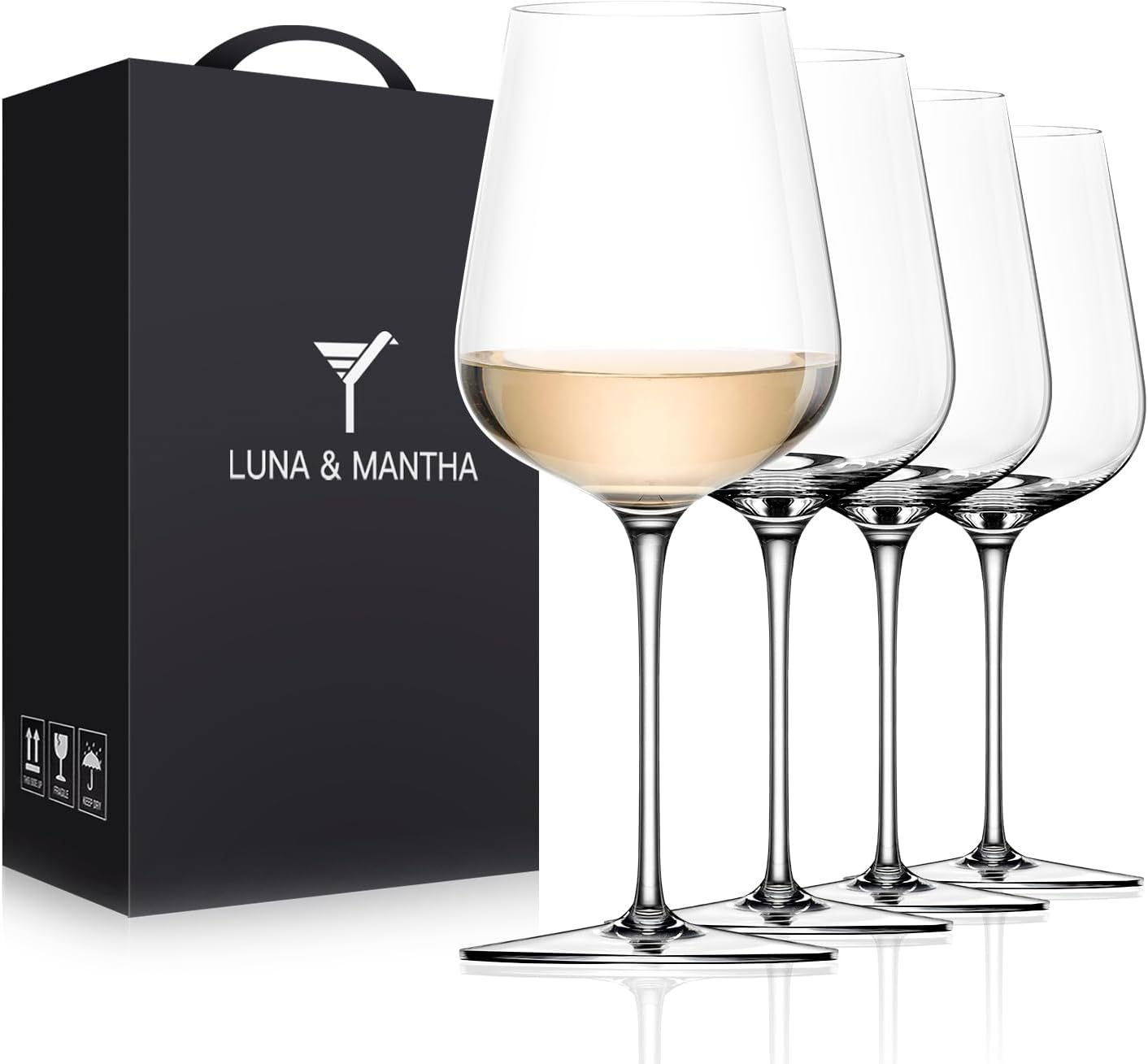 LUNA & MANTHA White Wine Glasses Set of 4, Crystal Wine Glasses with Stem, Hand Blown 14Oz, Perfect for Redï¼White Gift Packaging for Daily Use, Father'S Day, Wedding Anniversary or Birthday