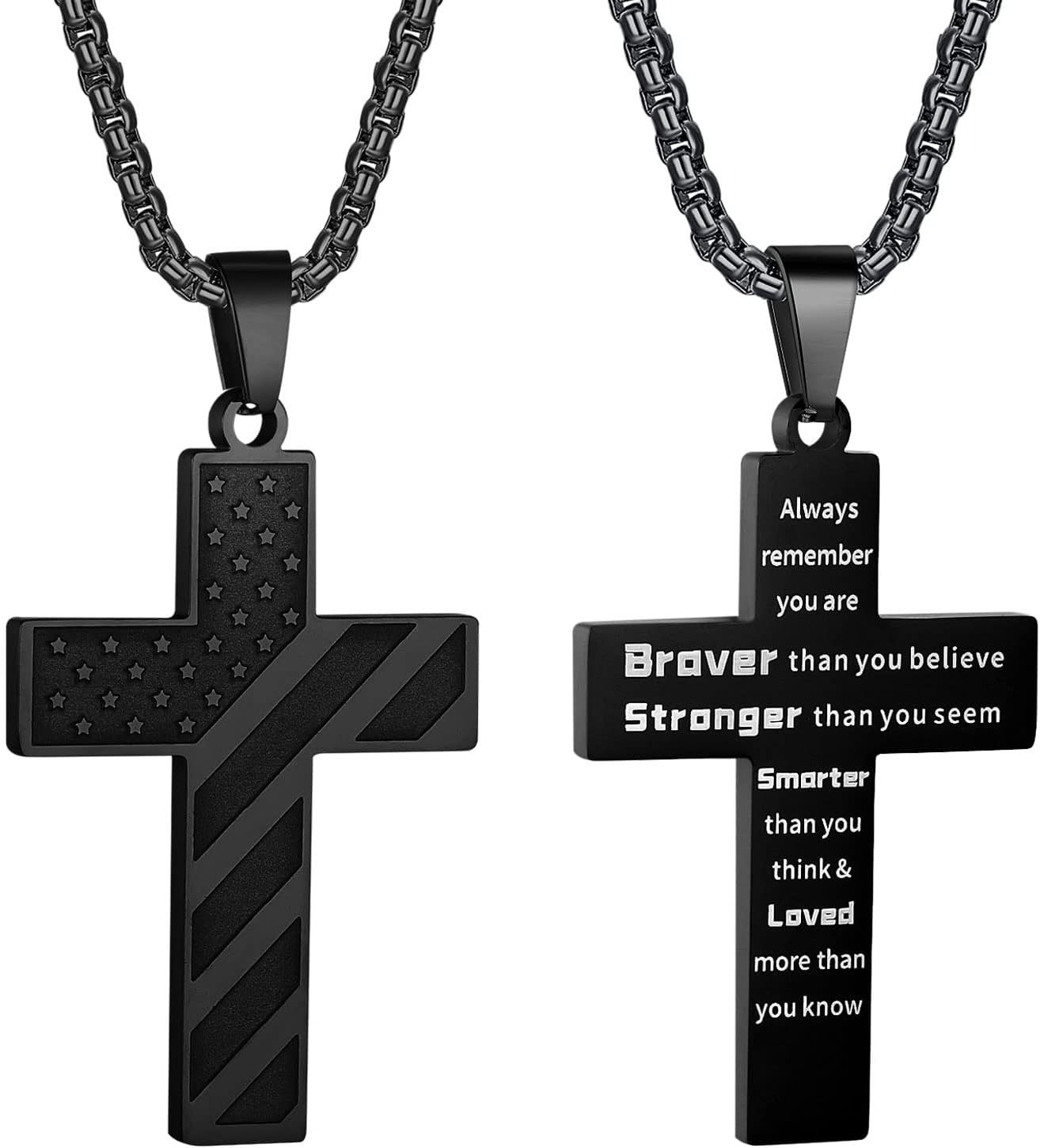 American Flag Cross Necklace for Men Stainless Steel Box Chain 22+2 Inch Inspirational Bible Verse Cross Pendant Patriotic Jewelry Personalized Christian Gift for Men
