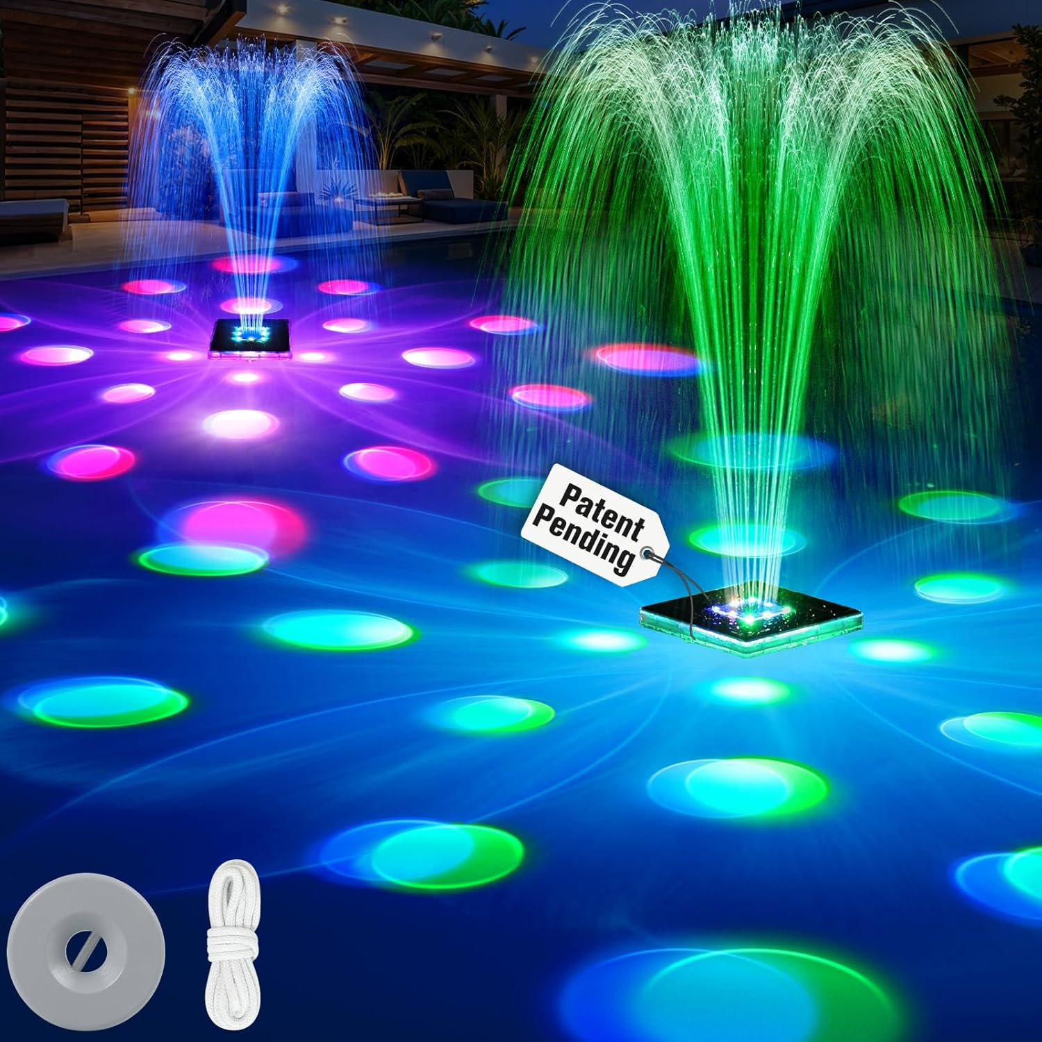 2026 Patent Solar Fountain,Floating Solar Pool Fountain with 9 Lights & Anchor,Large Solar Powered Water Fountain for above Ground Pool Fountain Pump,Waterproof Floating Fountain for Pool-White