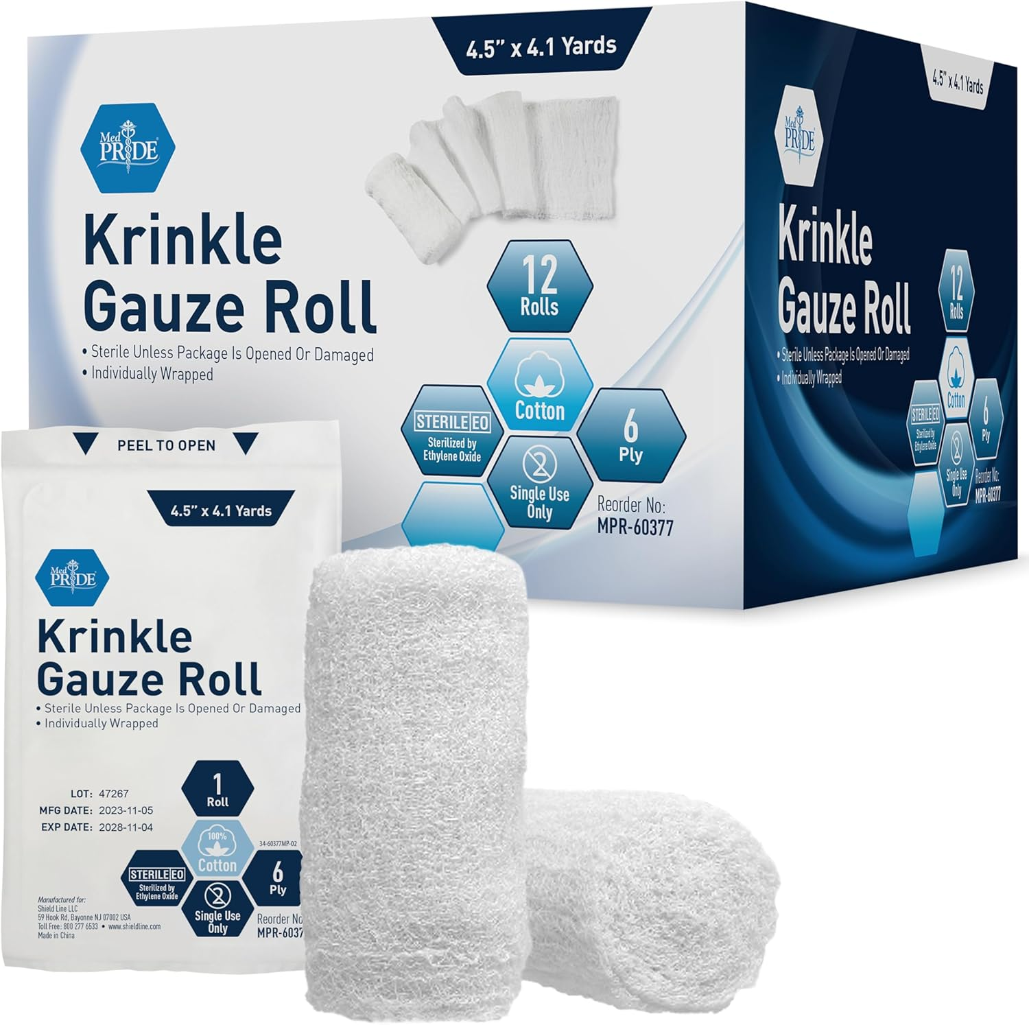 MED PRIDE Sterile Krinkle Gauze [12 Rolls]- 4.5'' X 4.1 Yards Rolls - Cotton