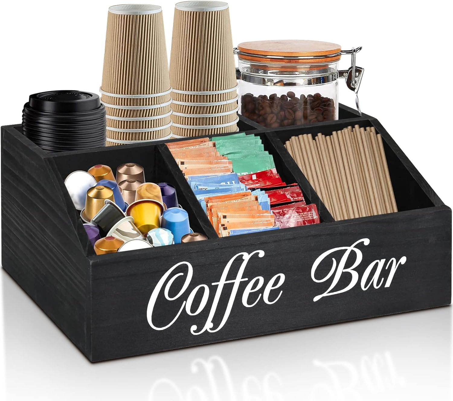 Coffee Station Organizer for Counter, Wood Coffee Pods Holder Storage Basket, Tea Condiment Storage Organizer, Rustic Bar Decor for Accessories Organizer