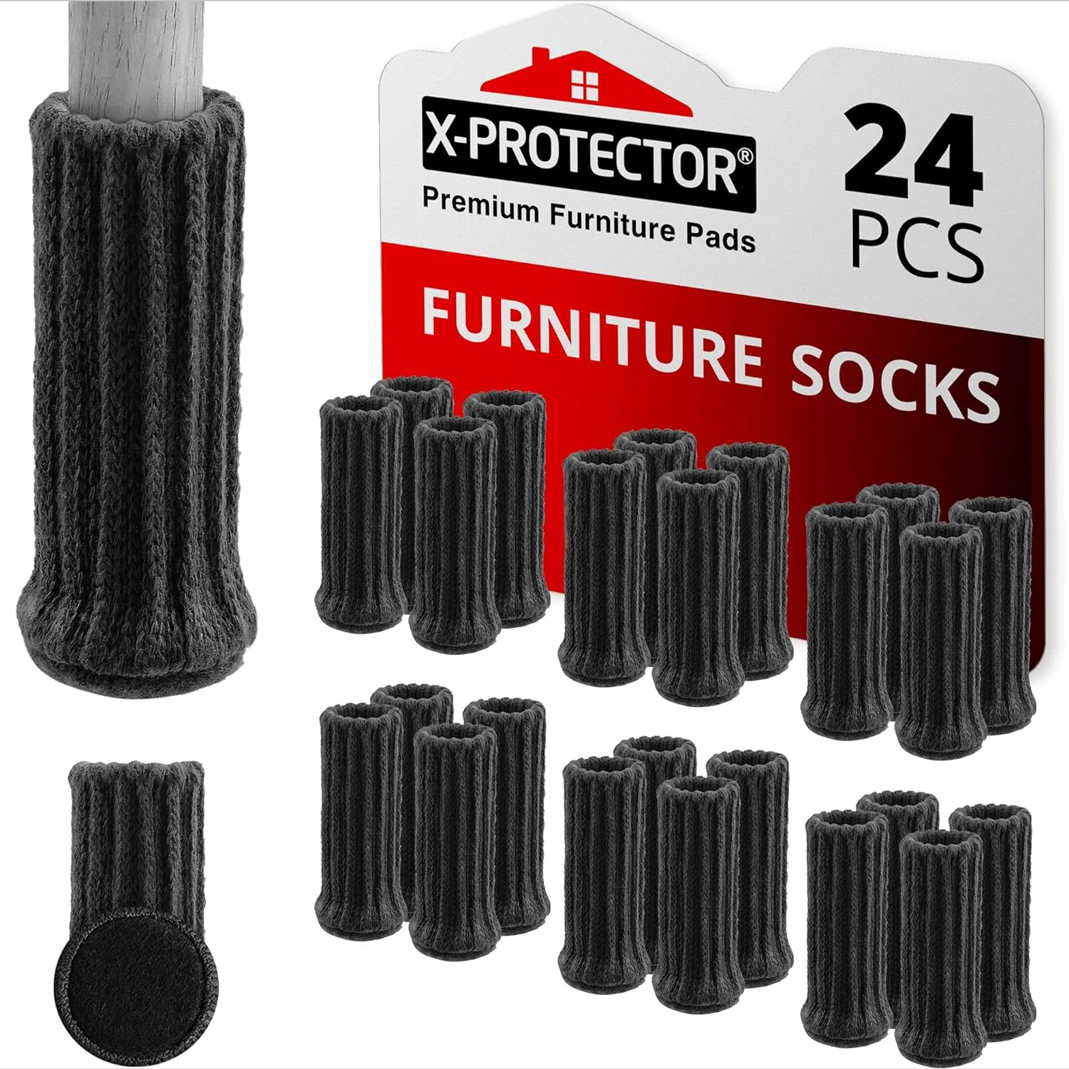 Chair Leg Socks – 24 PCS Furniture Socks – Chair Covers for Legs 1”-2” - Chair Leg Floor Protectors – Black Hardwood Floor Protectors – Knitted Chair Feet Socks – Shape Doesn't Matter!