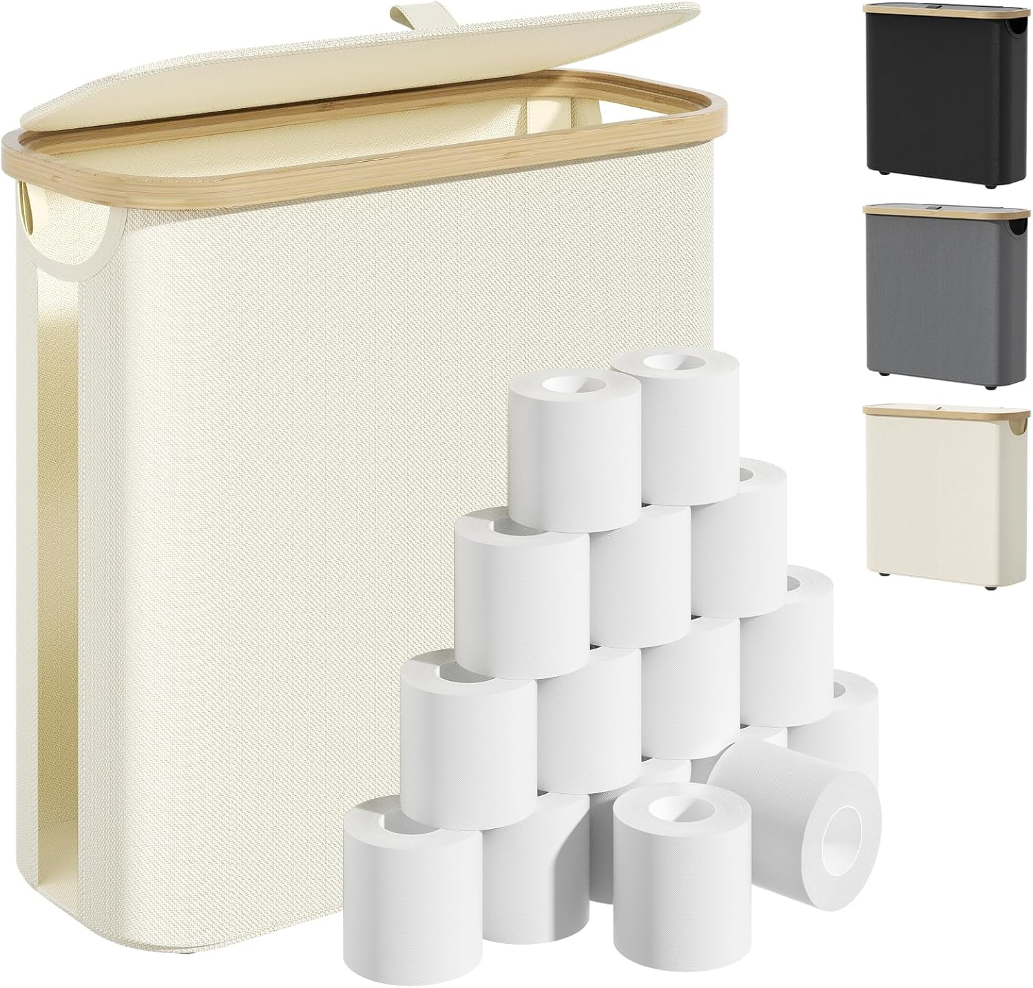 Toilet Paper Storage Basket with Lid and Handle, Foldable Toilet Paper Basket Organizer for Bathroom, Large Capacity Toilet Paper Holder with Storage for 12 Mega or 16 Regular Rolls, Beige