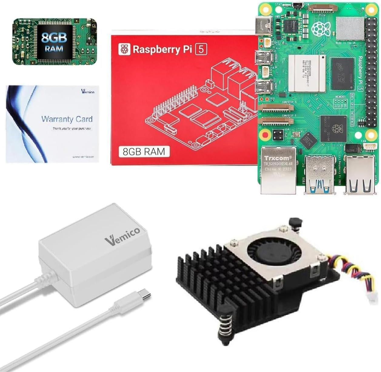 Raspberry Pi 5 Kit 8GB RAM with Active Cooler, Pi 5 27W 5.1V5A PD Type-C Power Supply, Raspberry Pi 5 8GB Single Board and Warranty Card Included