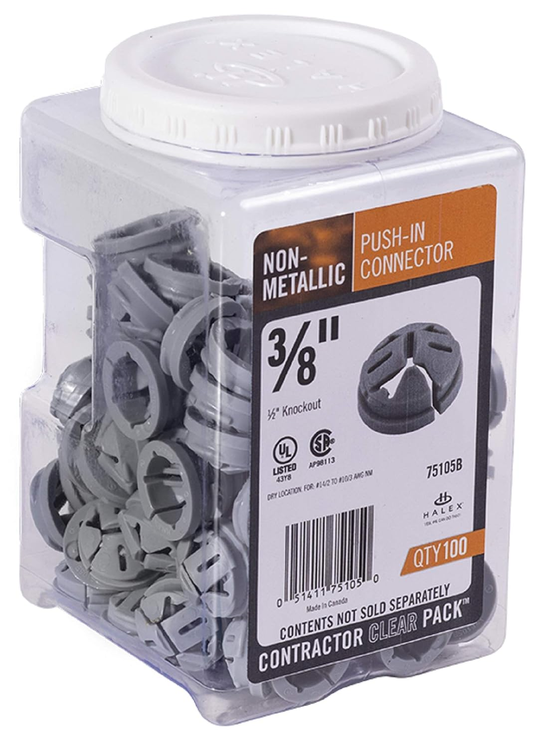3/8 Inch – ½ Inch Knockout Non-Metallic Push in Connector – 75105B – 100 per Pa