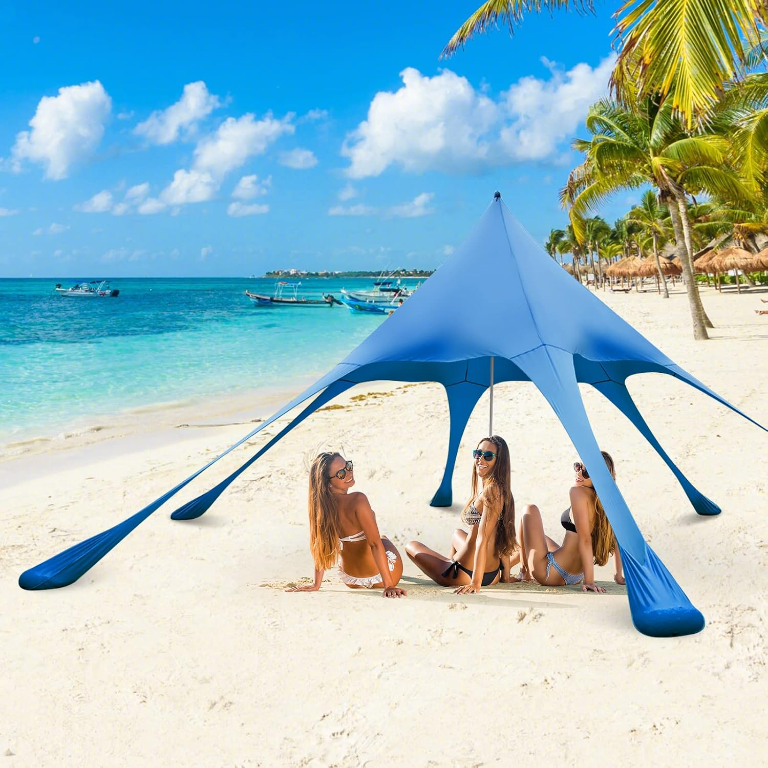 Beach Canopy Tent, UPF50+ Beach Sun Shade with Sand Shovel, 6 Ground Pegs, 6 Sandbags, Supporting Pole, Carry Bag, Pop up Beach Sun Shelter for Camping, Fishing, Trip