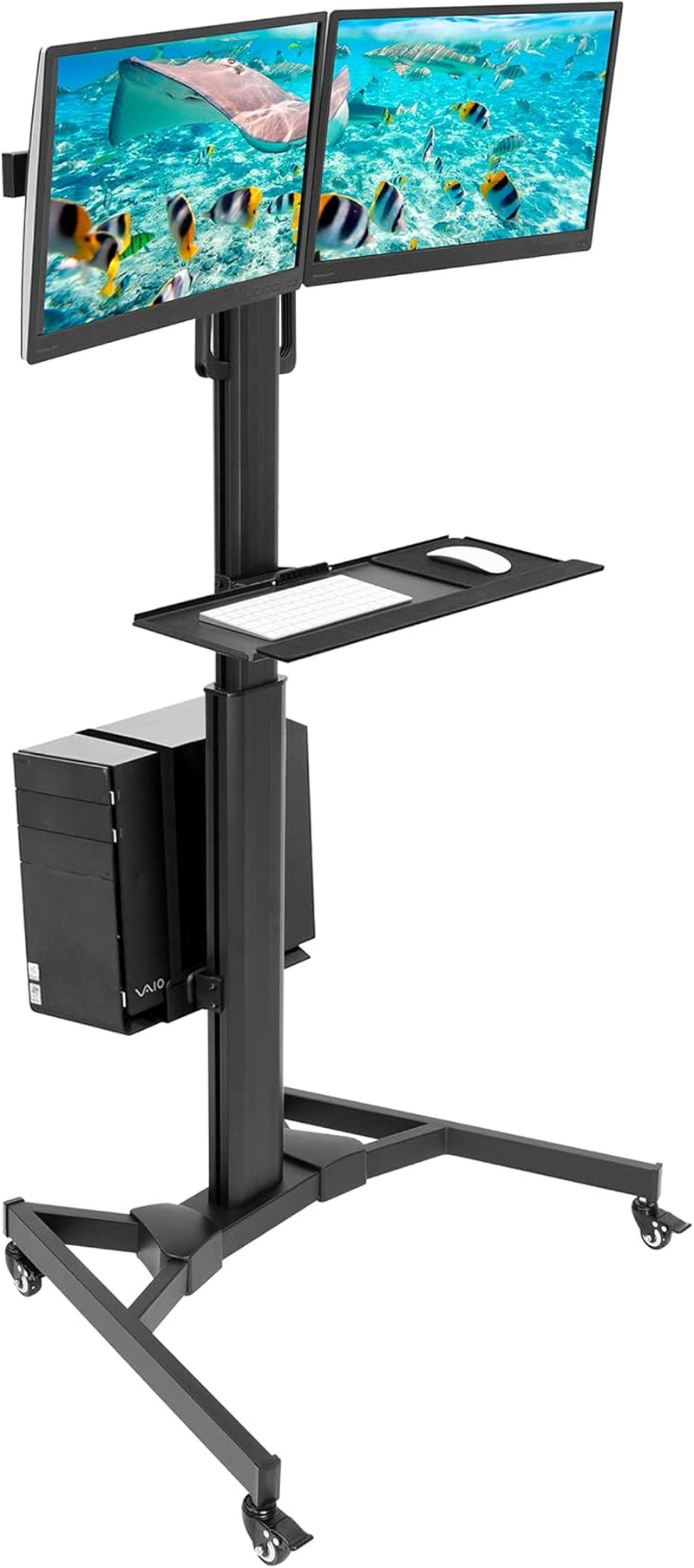 Dual Monitor Computer Cart – Mobile Standing Desk with Wheels, Rolling Workstation with Keyboard Tray, CPU Holder, and Adjustable Screen Mount for Office, Medical, or Warehouse