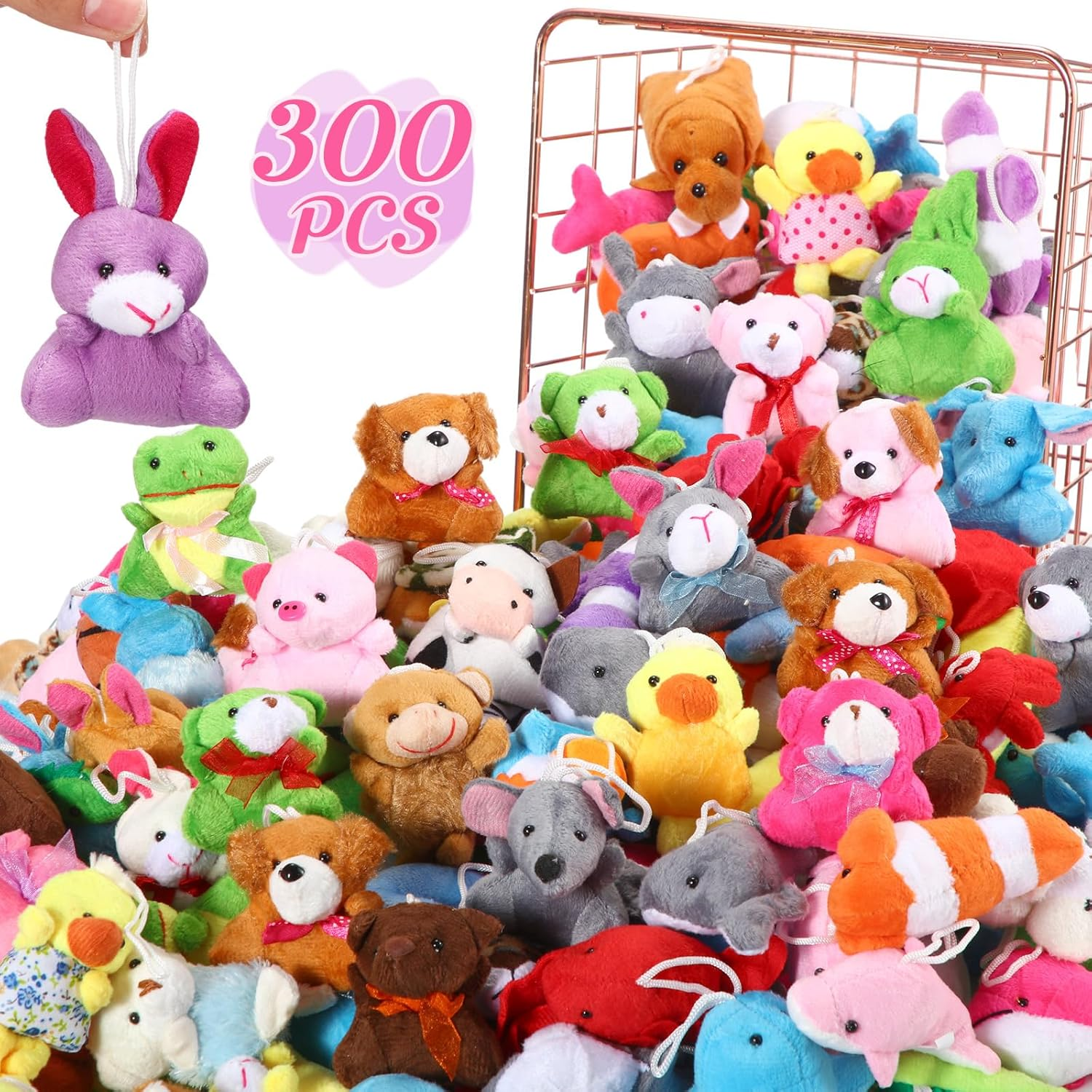 300 Pack Valentines Mini Stuffed Animals Bulk Mini Animals Plush Toy Set Assortment Small Plush Keychain Decoration for Kids Birthday Valentines Exchange Gifts Carnival Prizes Goodie Bag Fillers