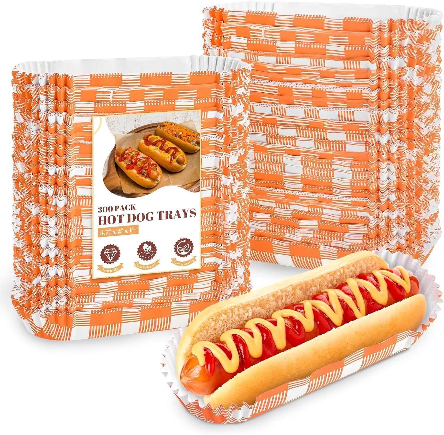 Ocmoiy 300 Pcs Paper Hot Dog Trays Disposable for Party and BBQ, Food Serving Hot Dog Holders Hotdog Boats 6 Inch Small Fluted Paper Food Trays