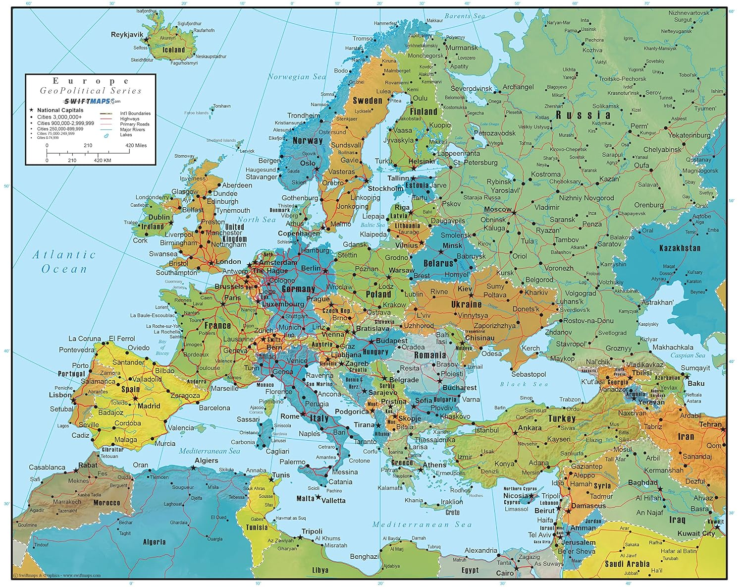 Europe Wall Map Geopolitical Edition by Swiftmaps (18X22 Laminated)