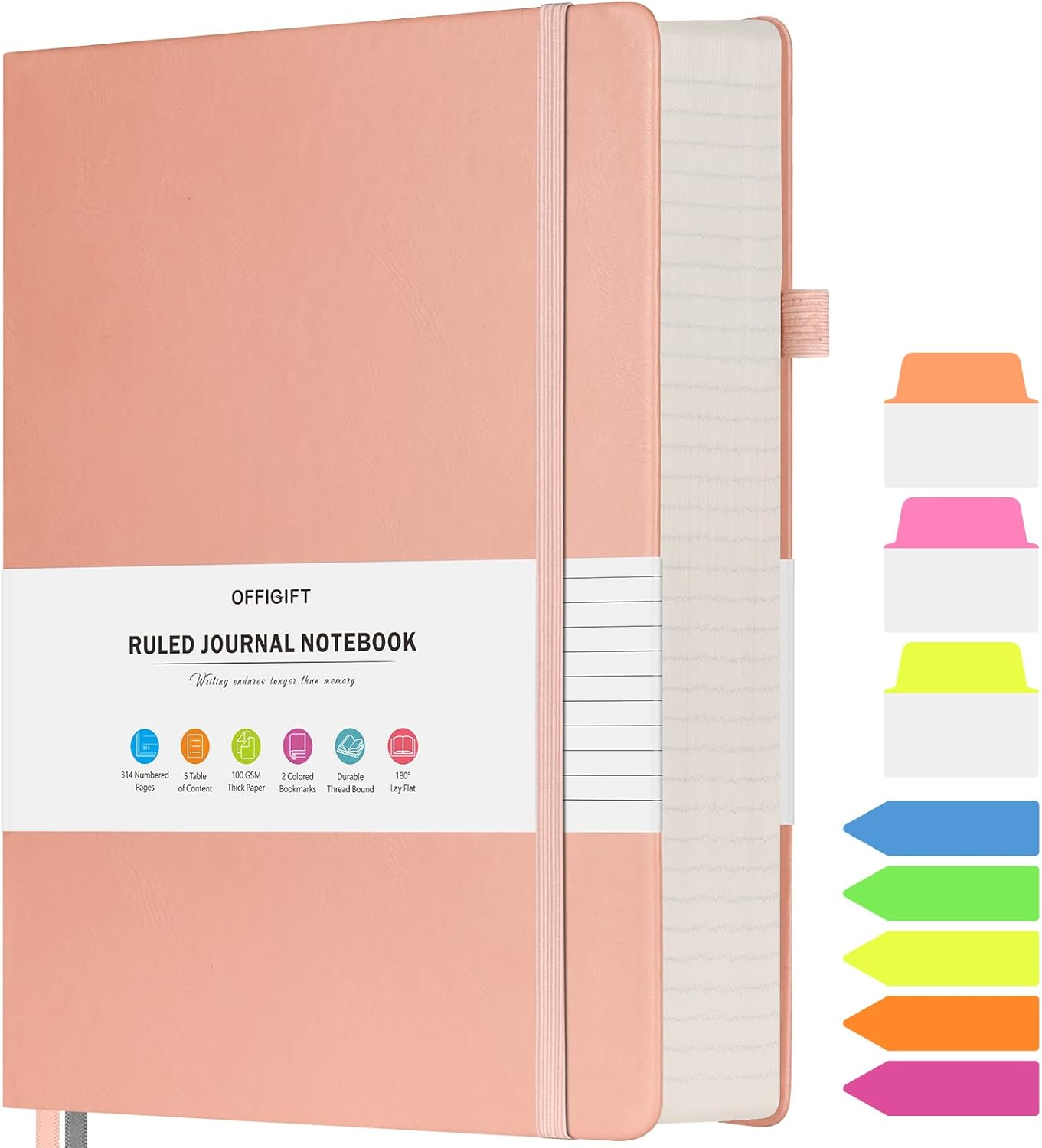 Lined Journal Notebook, Large A5 College Ruled Notebook, 312 Numbered Pages Work Notebook with Index Stickers, 100Gsm Thick Paper, Hardcover Vegan Leather Journal for Women Men School Office, Pink