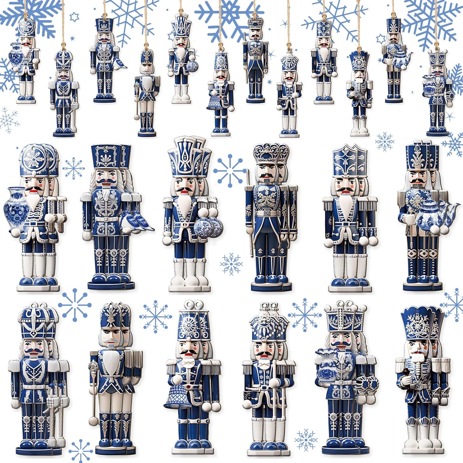 36 Pcs Christmas Ornaments for Tree Wooden Nutcracker Gingerbread Man Snowman Christmas Decoration Blue and White Porcelain Hanging Ornaments for Xmas Tree Crafts(Blue and White Nutcracker)