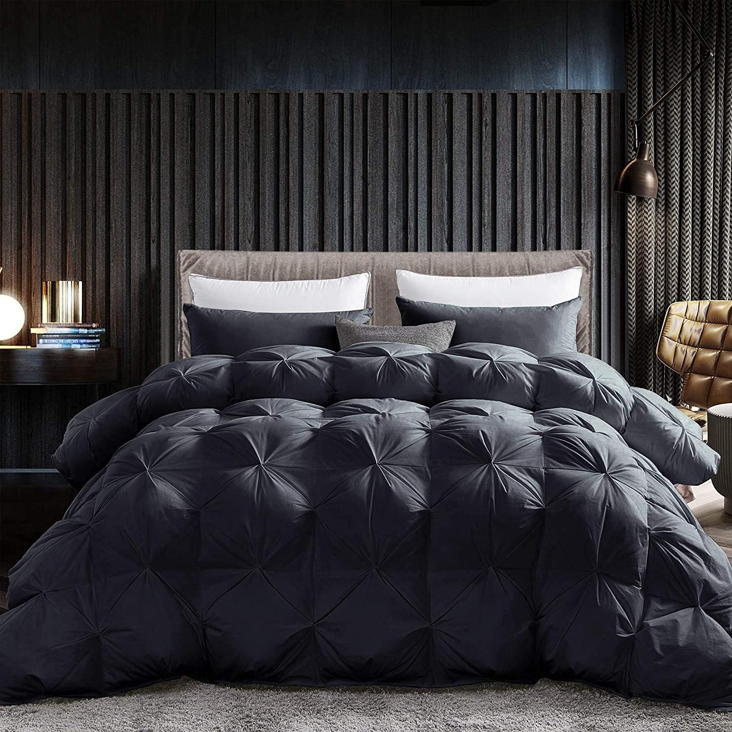 Luxurious Goose down Feather Fiber Comforter, Exquisite Pinch Pleat Design, Black 108 X 98 , 100% Egyptian Cotton, 75 Oz Fill Weight, Black,Oversize Cal King