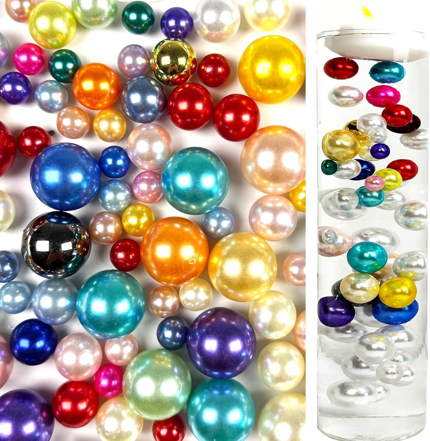 Floating Pearls for Centerpieces Vases Filler, 20/14/10Mm No Hole round Floating Pearl Beads for Wedding Birthday Christmas Party Table Wedding Home Decor 105Pcs + 1000 Transparent Beads