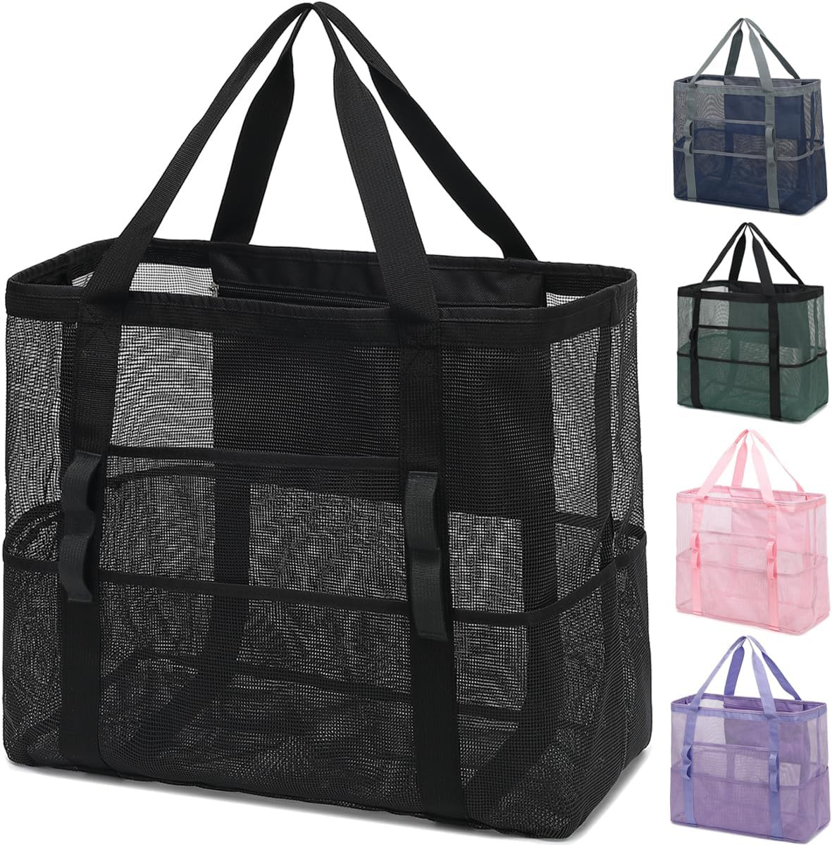 Mesh Beach Bag, Large Beach Tote with Zipper Pocket for Family Pool Bag