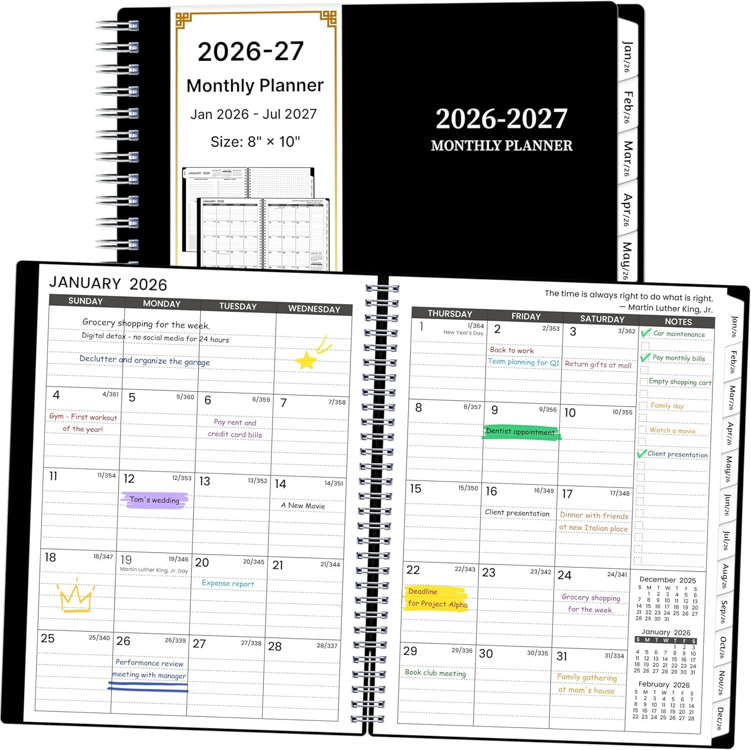 2026-2027 Monthly Planner, 18 Monthly Calendar Planner, January 2026 - June 2027, 8’’ x 10’’, 2026 Spiral Agenda with Tabs ＆Pocket, Flexible Cover, Organizer Notebook for Office Home School, Black