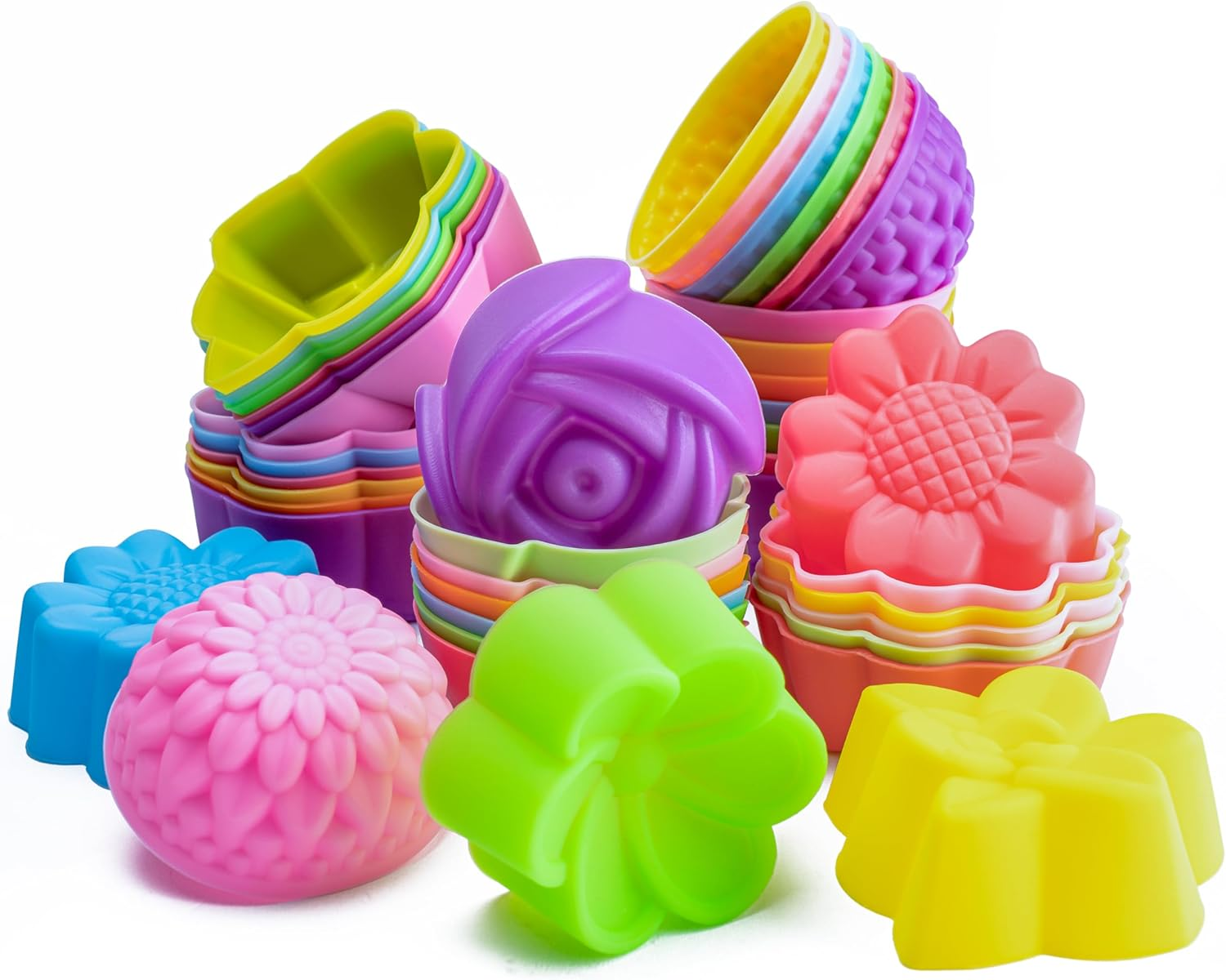 R HORSE 42Pcs Mini Size Silicone Molds, 2 X 0.8 Inch Cupcake Multi Flower Shapes Baking Cups Non-Stick Donut Wrapper Mold Muffin Liners Washable for Pan Oven Microwave Dishwasher