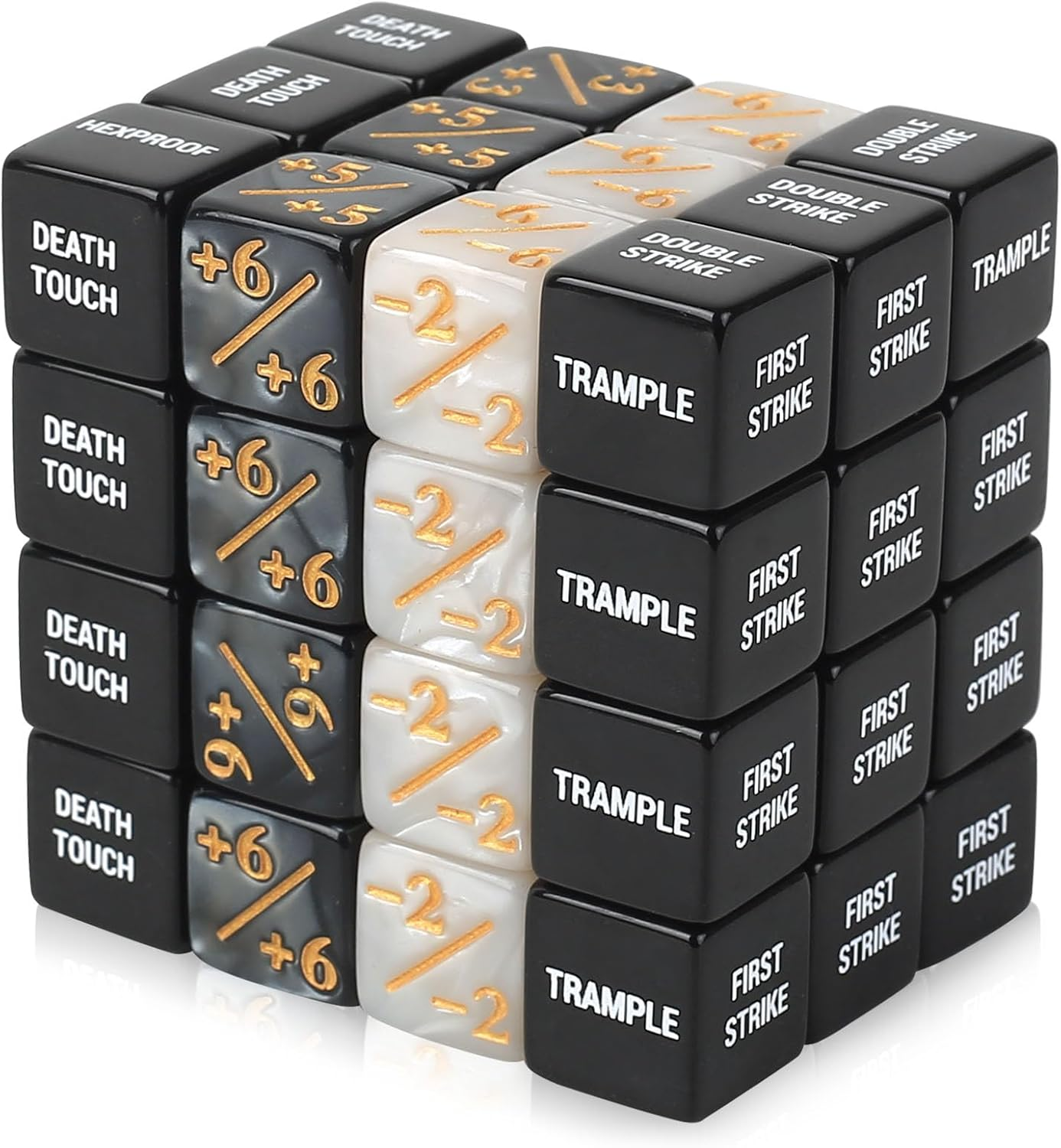 48 Stück MTG Würfel Set, Acryl, Mit Tasche | -1/+1 Abilitykeyword Zähler, D6 Magic Würfel, Schild Lebenszähler, Magic the Gathering, Brettspiele Kartenspiel, Tasche Inkl.