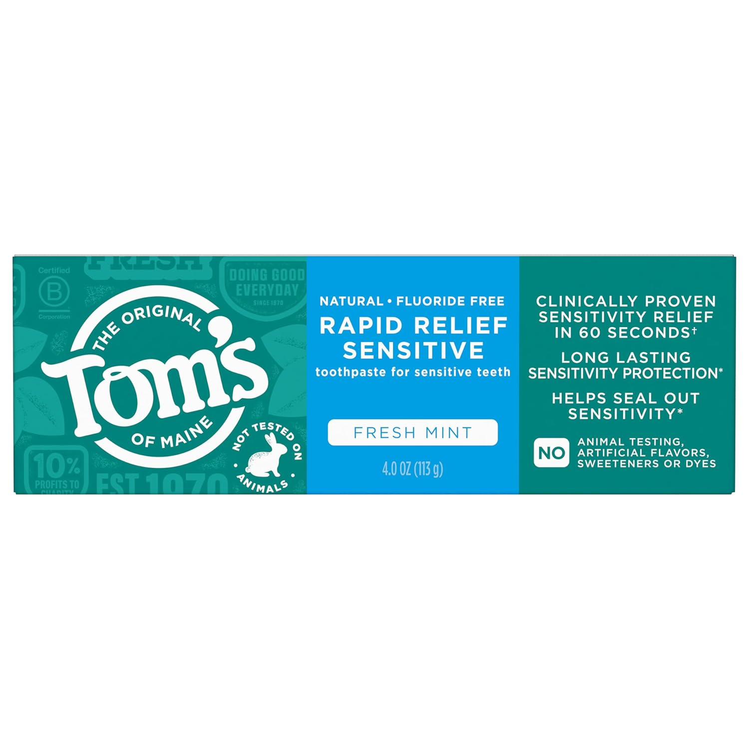 Tom'S of Maine Fluoride-Free Rapid Relief Sensitive Toothpaste, Fresh Mint, 4 Oz. (Packaging May Vary)