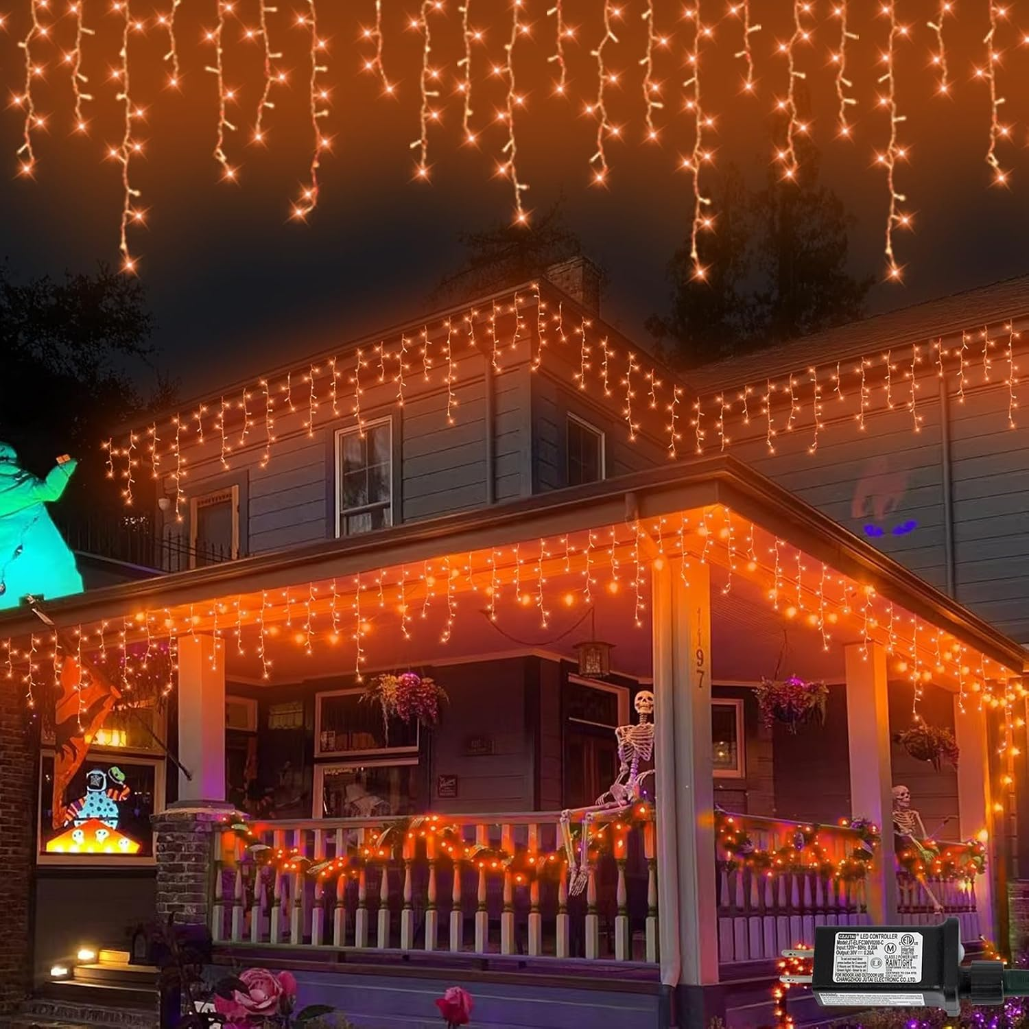 Orange Lights for Halloween, 33Ft 400 LED Icicle Lights for outside Plug In, Clear Wire Connectable String Light Indoor with 8 Modes