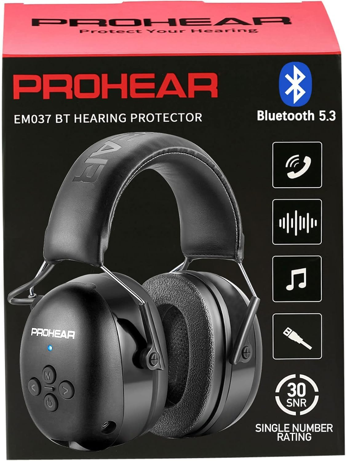 037 Bluetooth 5.3 Hearing Protection Headphones with Rechargeable 1500Mah Battery, 30Db SNR Safety Noise Reduction Ear Muffs 120H Playtime for Mowing, Workshops, Snowblowing - Black