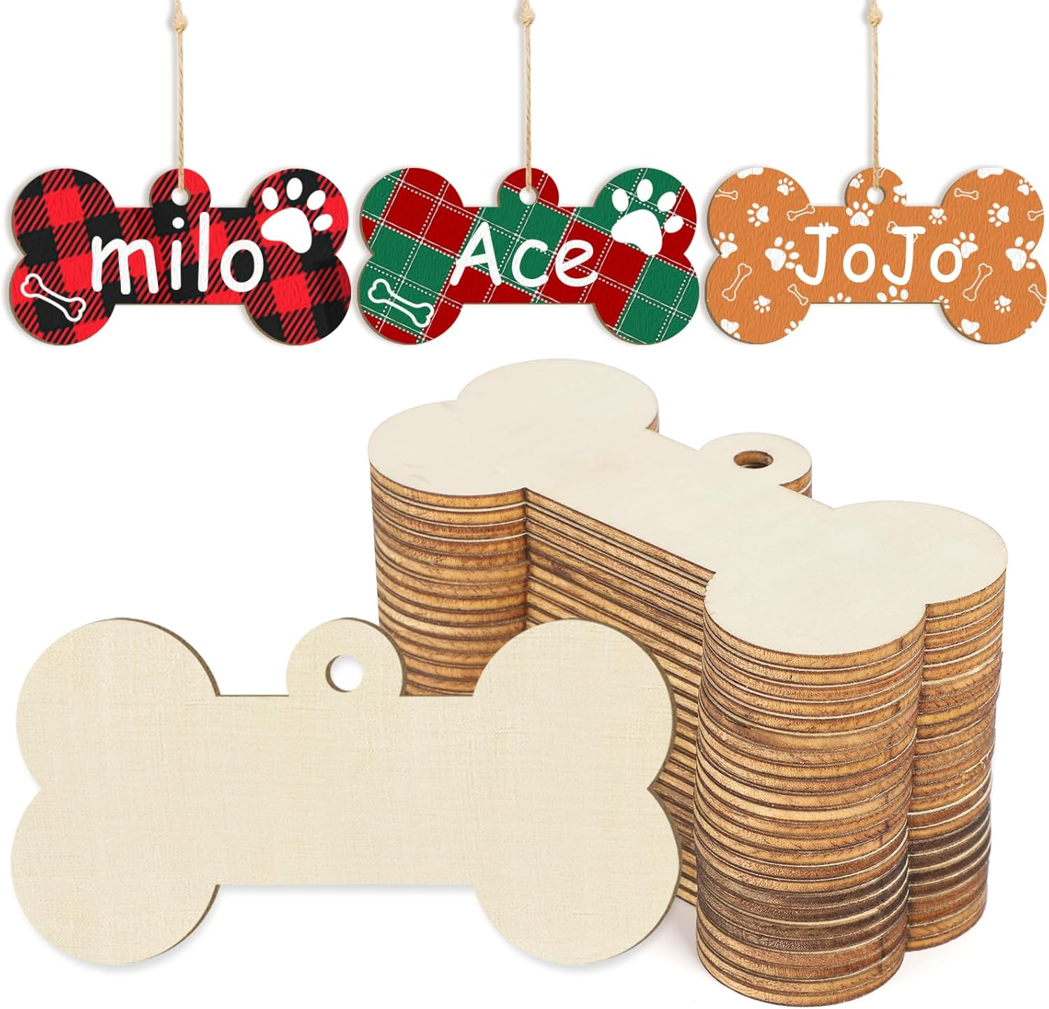 Wooden Christmas Ornaments to Paint Dog Bones Decoration Cutouts Unfinished 24PCS 3.5inches, Dog Lover DIY Blank Unfinished Christmas Tree Wood Discs Ornament for Home Crafts Hanging