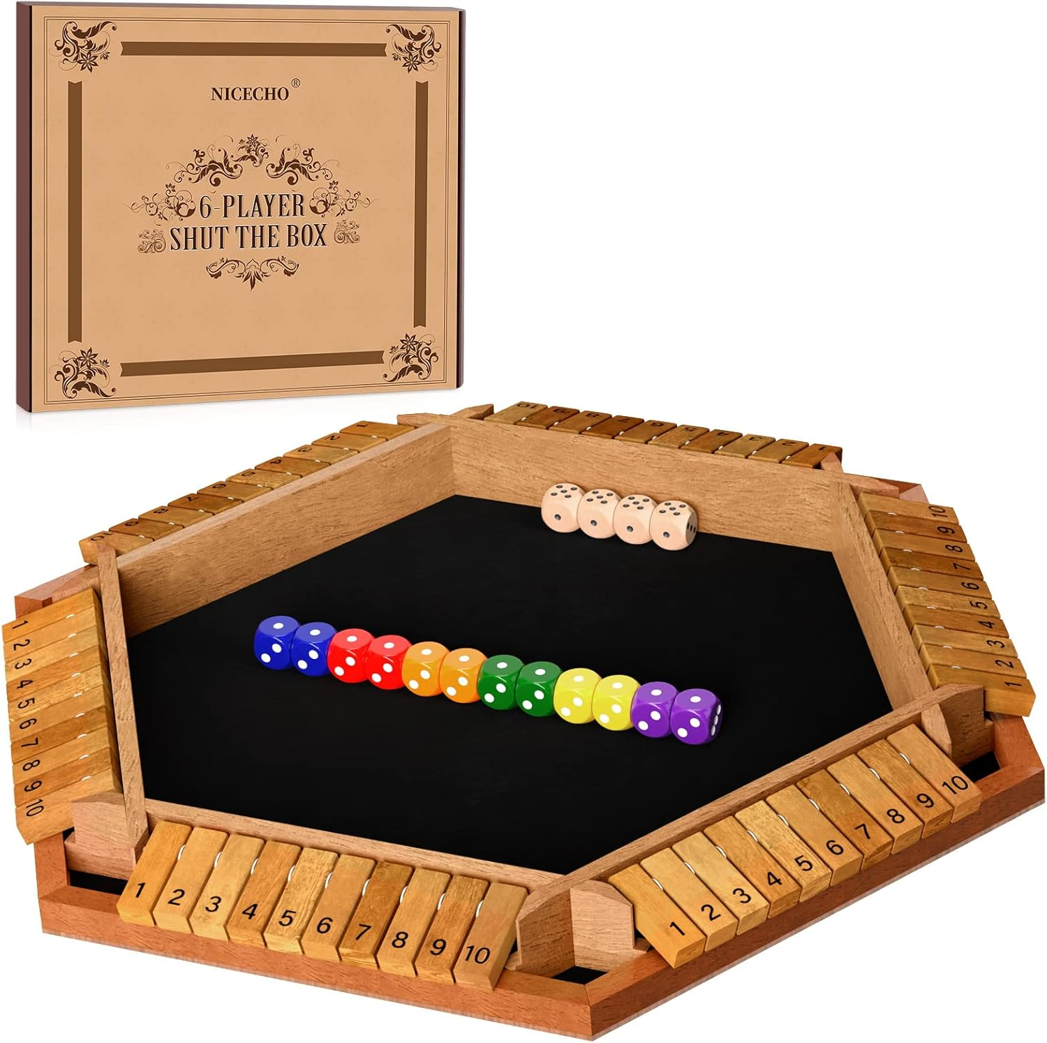 Nicecho 2-6 Players Shut the Box Dice Game, Wooden Board Table Math Game with 16 Dice, Classics Tabletop Games for Kids Adults, Family,Classroom,Home,Party or Pub