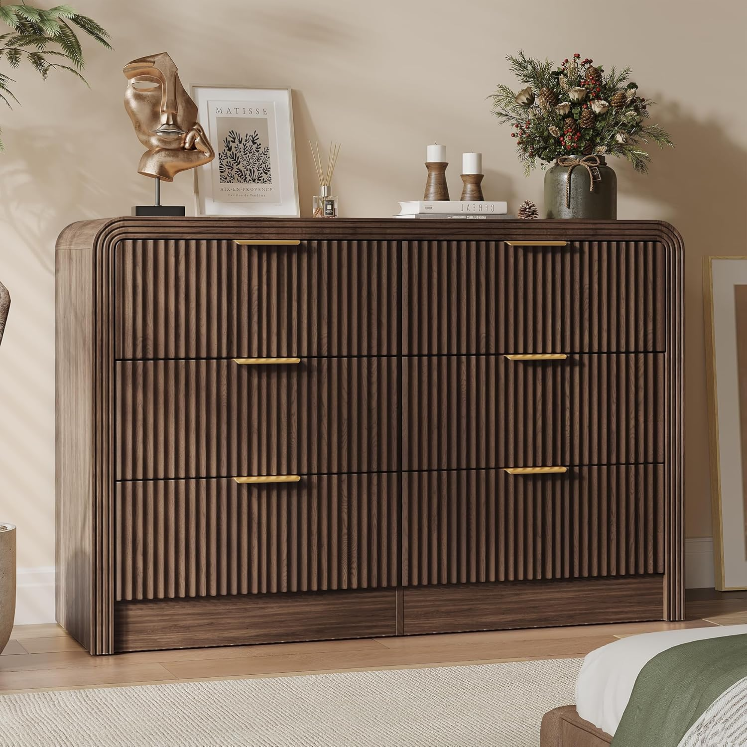 Fluted 6 Drawers Dresser for Bedroom, 47'' Wide Wood Dressers with Gold  Handles, | eBay