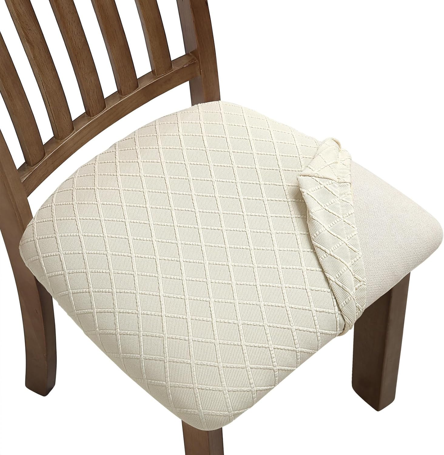 Stretch Chair Seat Covers 6 PCS, Removable Washable Dining Room Chair Covers Anti-Dust Seat Cushion Slipcovers (Beige)