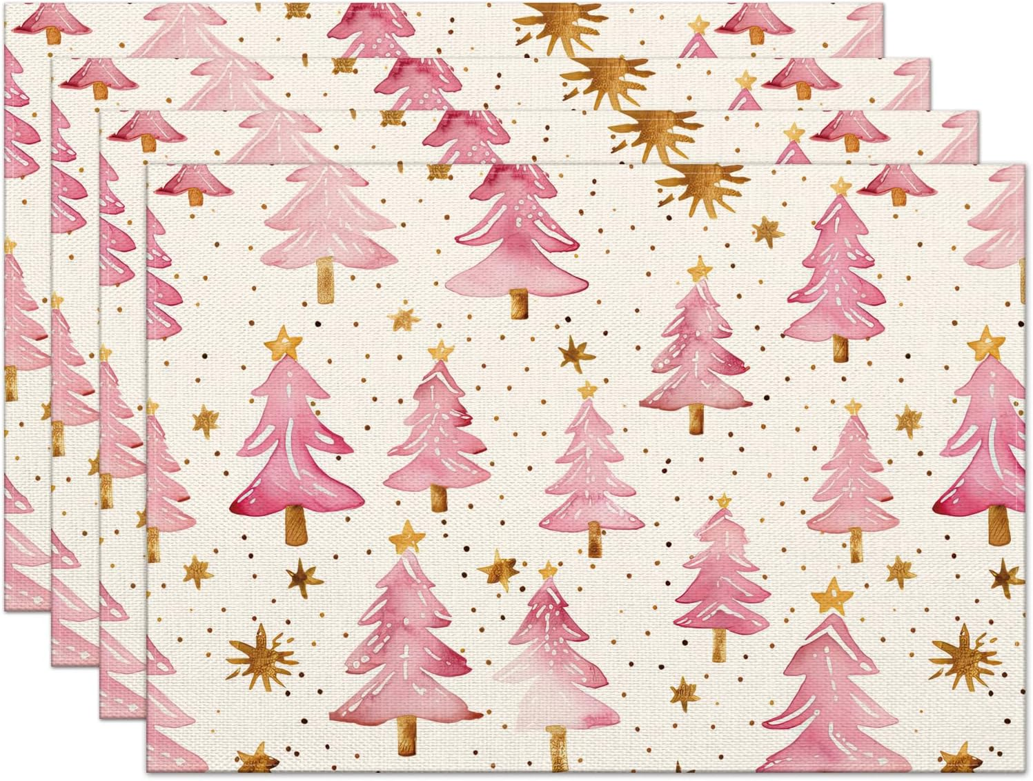 Christmas Placemats Set of 4, 12x18 Inch Pink Merry Christmas Trees Heat-Resistant Place Mats, Seasonal Winter Table Decors for Farmhouse Kitchen Dining Xmas Holiday Party