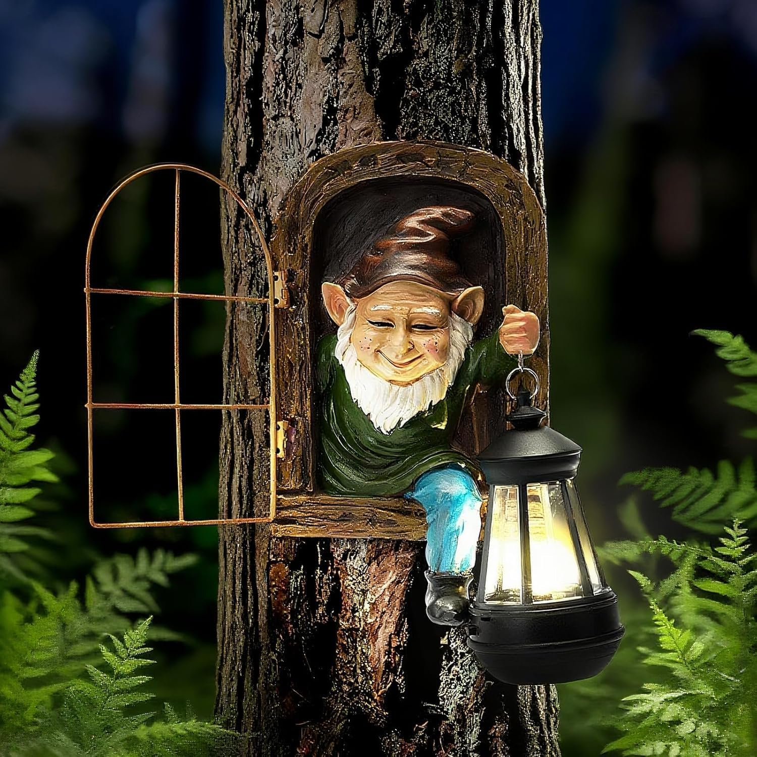 Garden Gnome Statue, Tree Faces Decor Outdoor with Solar Lantern